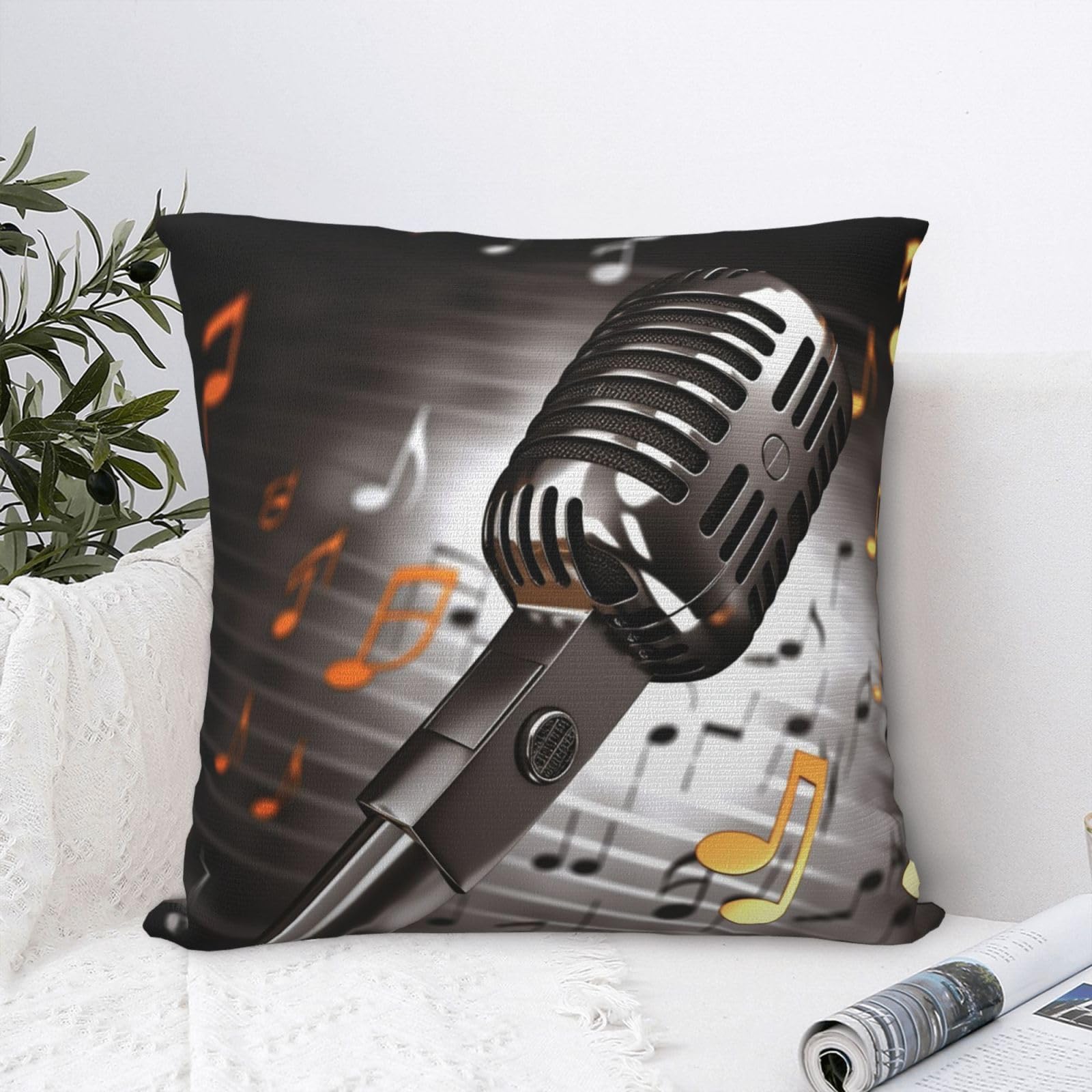 FodPand Luxury Velvet Throw Pillow Covers 18"x18" Super Soft Decorative Pillow Cases - Microphone with Music Notes Pillowcases Modern Lumbar Cushion Cases for Couch Sofa Bed Pillow Shams