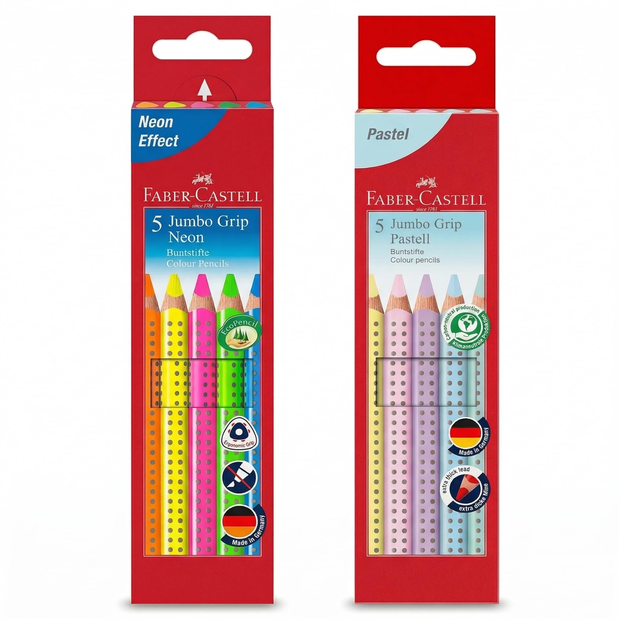 Faber-Castell - Jumbo Buntstifte Set GRIP, 5-teilig, bruchsicher, für Kinder und Erwachsene (Neon + Pastell)