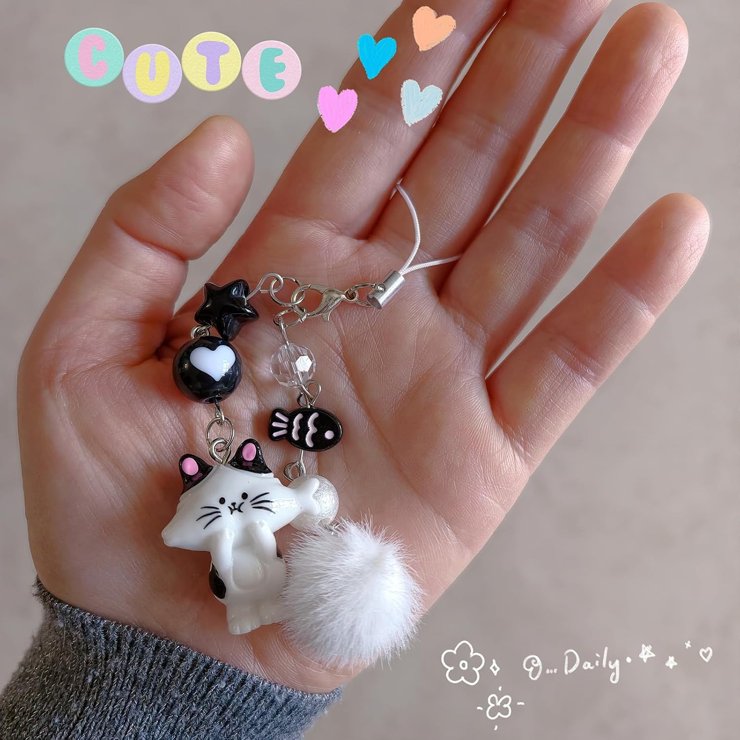 Cute Cat Phone Charm Keychain Bag Decor With Fish Beaded Pom Pom Black image 4