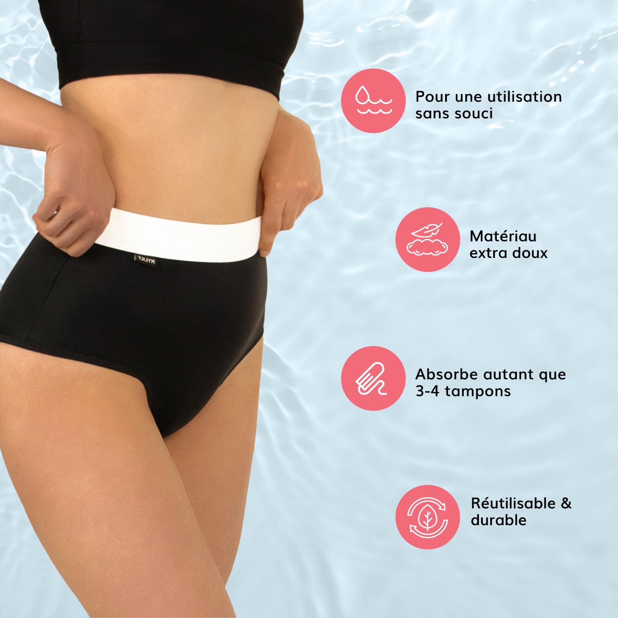 MYLILY Culotte de Bain Menstruelle Taille Haute | Bas de Maillot de Bain Menstruel Femme | Culotte Maillot de Bain Menstruelle Flux Abondant | Bas de Maillot de Bain Noir Ceinture Blanche