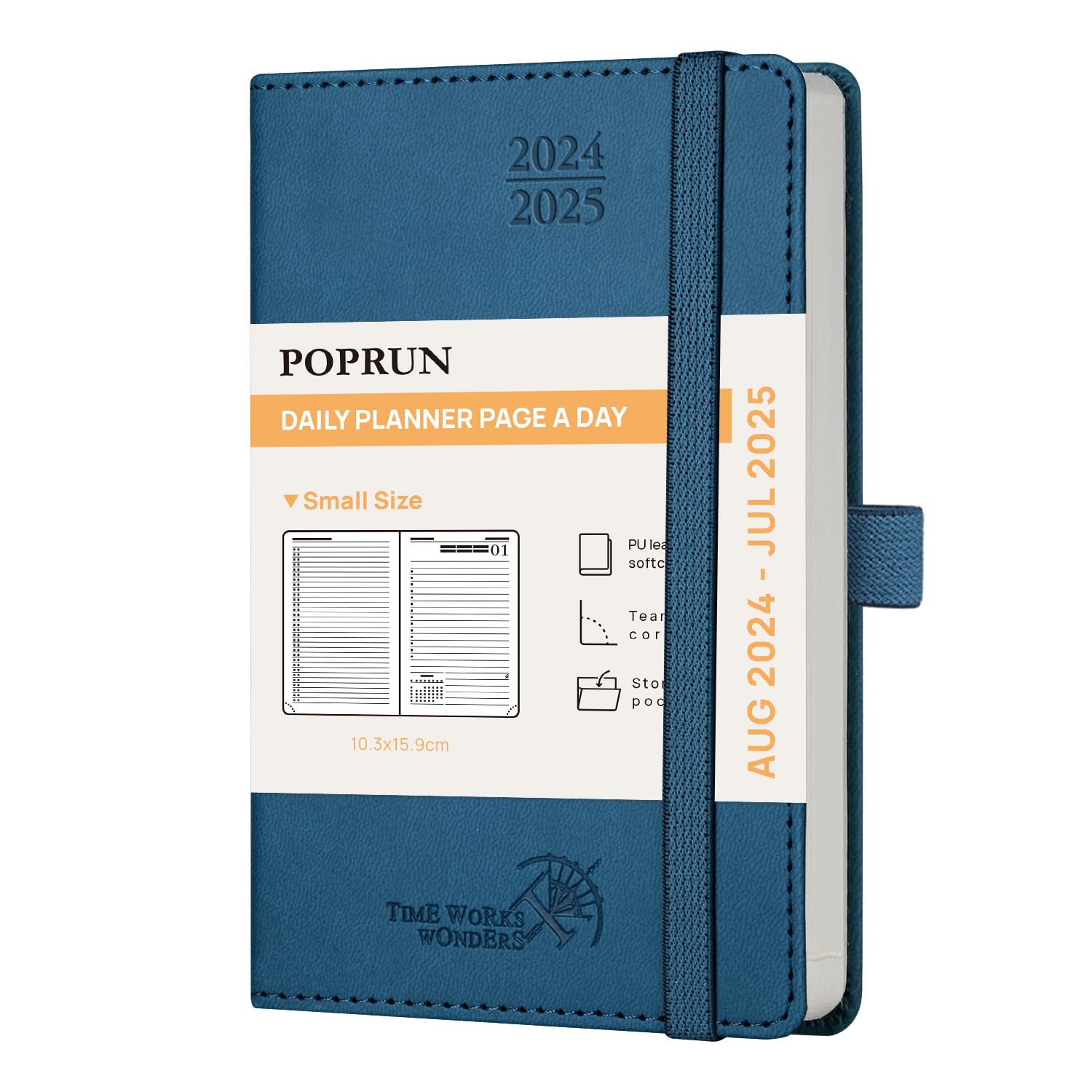 POPRUN Agenda 2024 2025 Dia Por Pagina A6, Diaria 12 Meses 16 x 10,5 cm, Tapa Blanda, Banda Elástica, 70 GSM Papel, Azul Cielo Nocturno