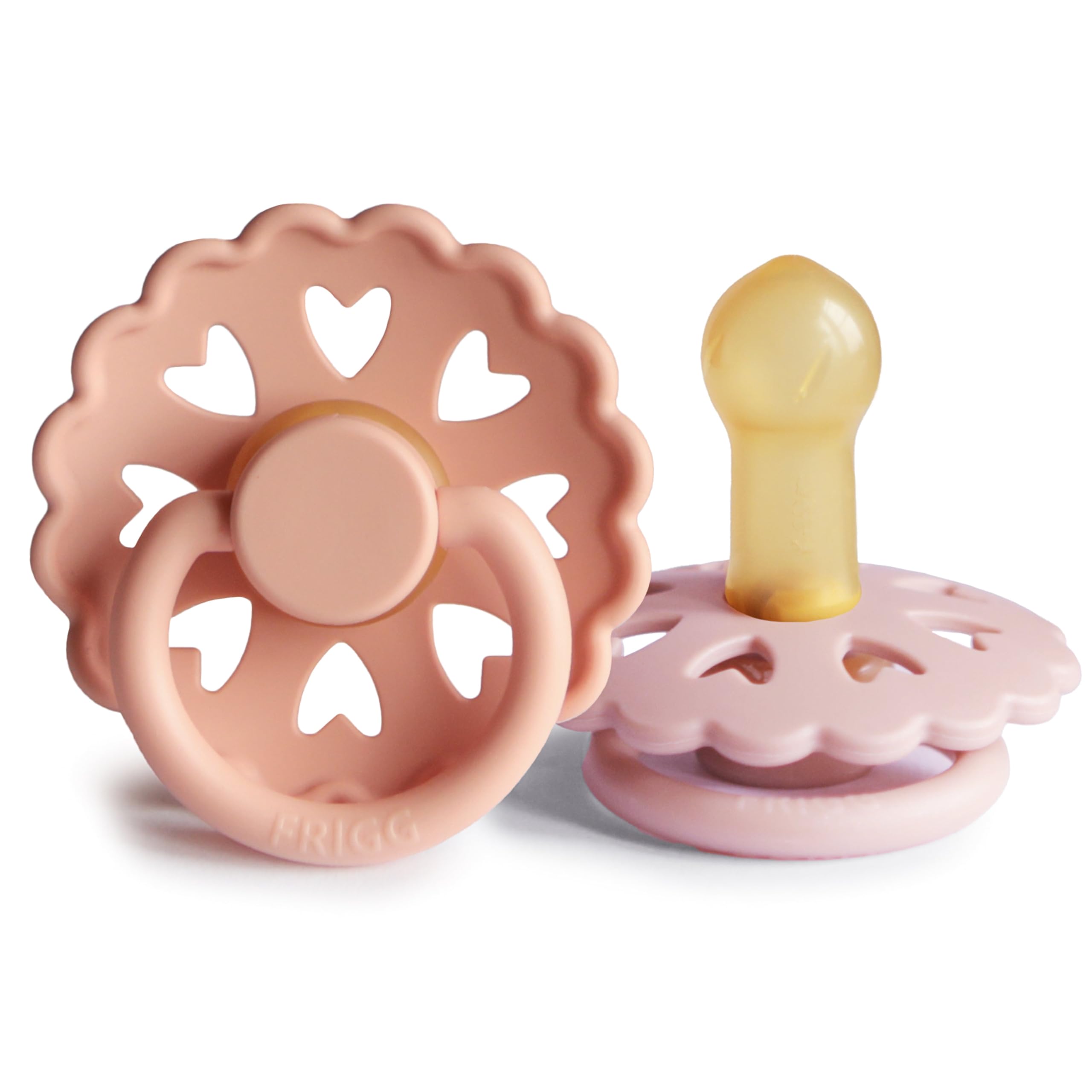 FRIGG Fairytale Pack of 2 | Latex Dummies | BPA Free | Made in Denmark | Symmetrical Cherry Teat | (Pretty In Peach/Primrose, Size 2 (6-18 Months)) - 1
