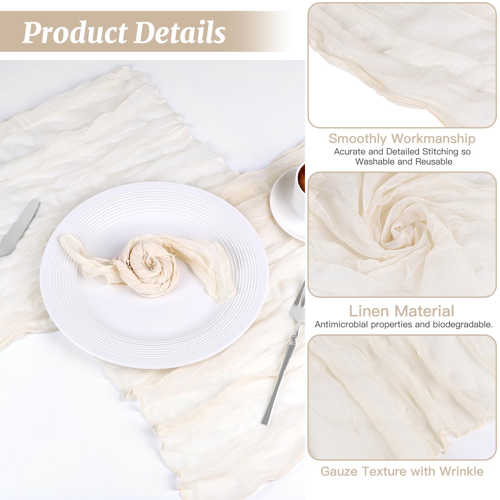 LALAGO 30pcs Serviette en Gaze de Coton Beige 50cm, Serviettes de Table en Tissu Froissé, Vintage Boho Teinté à La Main Coton Carré, Rustiques Bohèmes pour Fêtes, Réceptions, Fêtes de Mariage