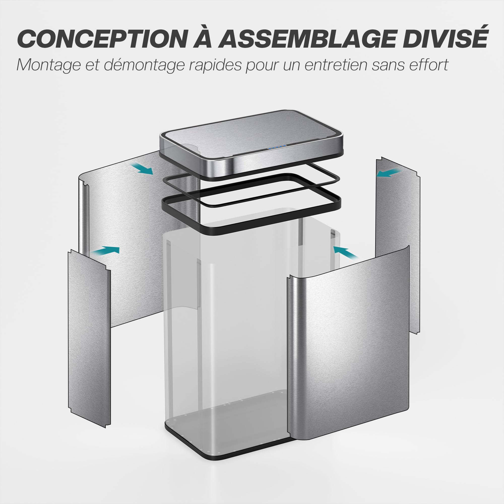HOMCOM Poubelle à Capteur 50 L, Couvercle à Fermeture Douce Argenté | Poubelle de Cuisine Automatique sans Contact, en Acier Inoxydable Anti-Traces, pour Cuisine, Maison, Bureau