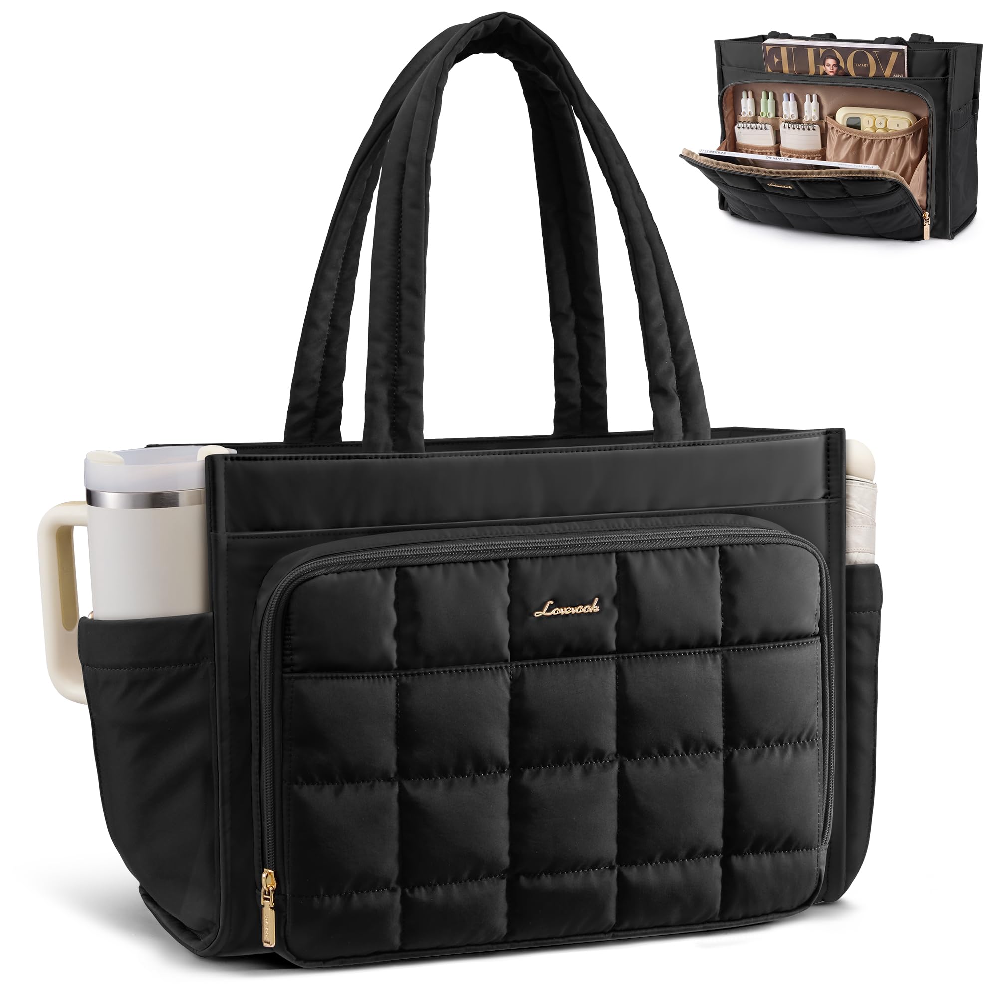 LOVEVOOK Handtasche Damen Groß, Laptoptasche 17 Zoll Shopper Tasche mit Laptopfach, Puffer Tote Bag Women Arbeitstasche Lehrertasche Aktentasche Bürotasche, Schultertasche Handbag für Work Uni Schule