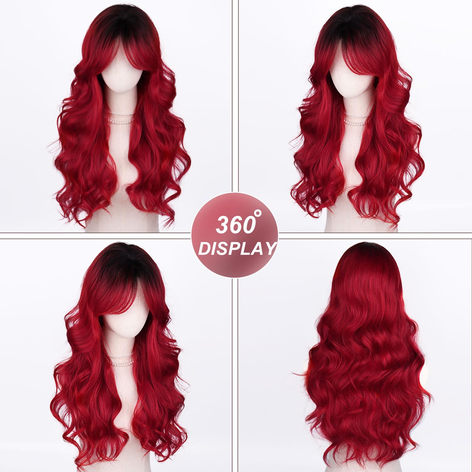 Schwarz-rot Farbverlauf Lang Perücke für Frauen, Ombre Rot Lange Lockige Hitzebeständige Faser Synthetische Perücke, Perücken Damen Natürlich Haare für den Täglichen Party Cosplay Wear