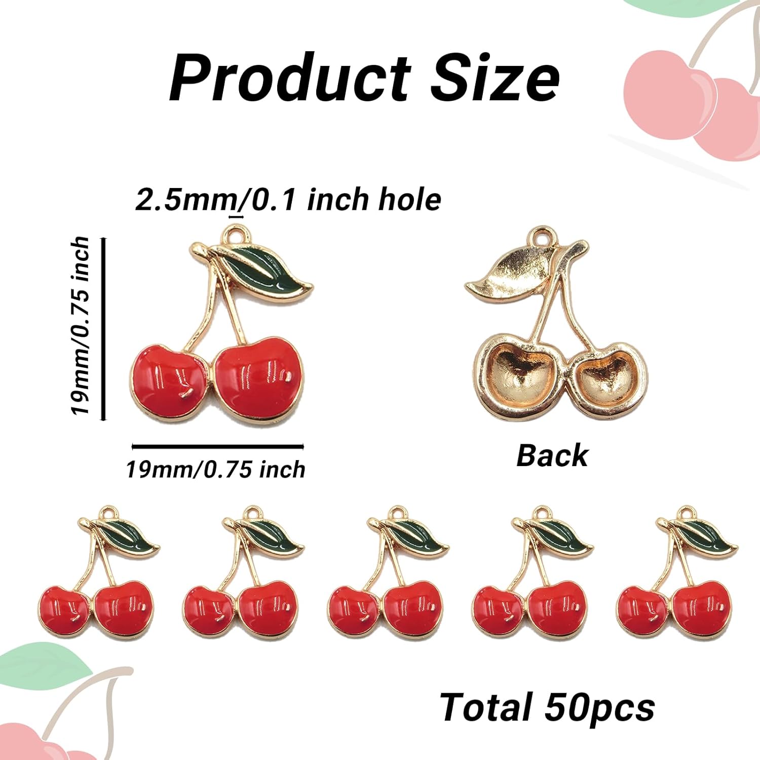 50Pcs Red Cherry Charms Enamel Alloy Cherry Charm Cute Fruit Pendant 19×19×2.5mm for Jewelry Making Bracelet Necklace Keychain DIY Craft Bag Decoration - Image 2