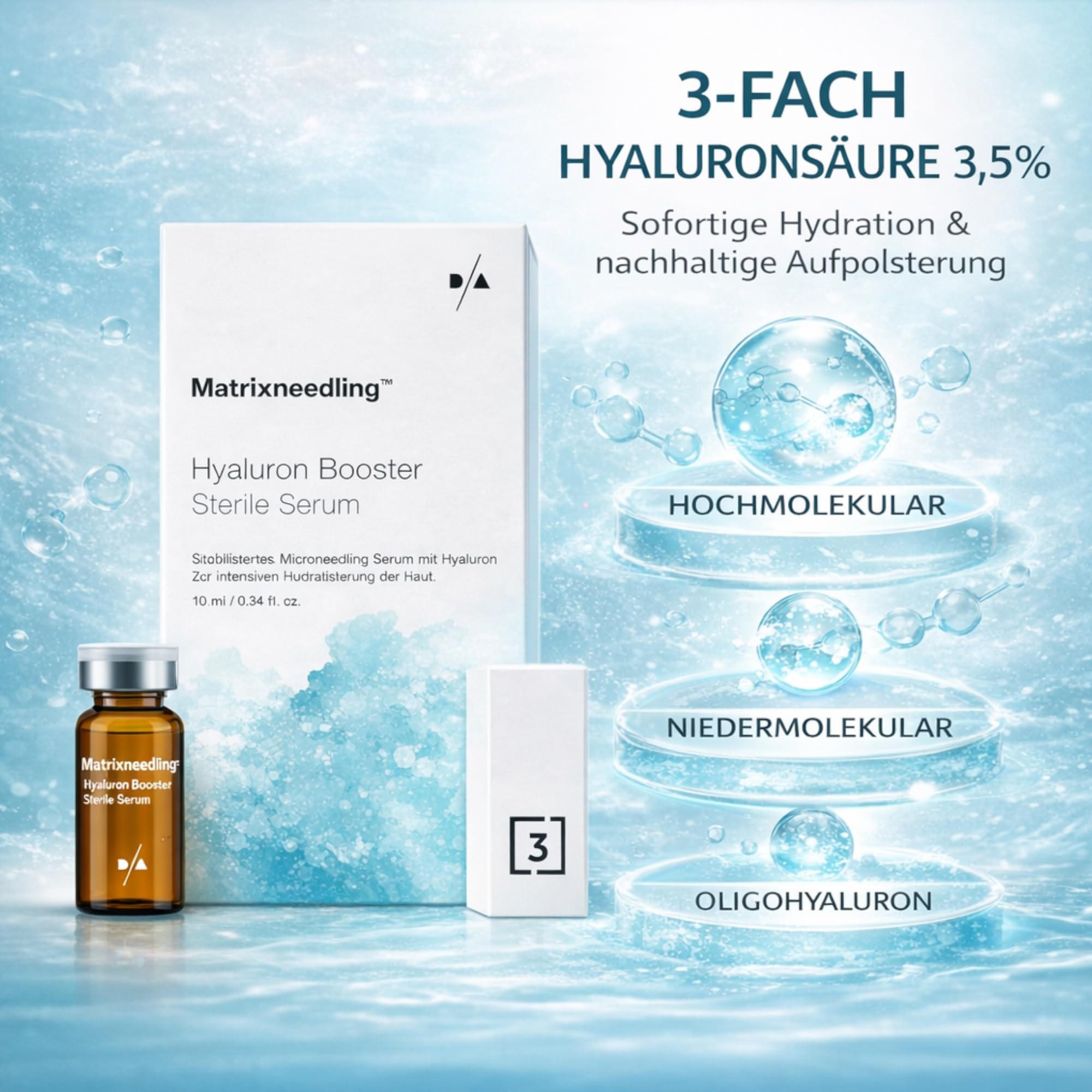 Matrixneedling Siero ialuronico 3,5% – 3 booster di acido ialuronico – Siero sterile Microneedling per Dermapen & Dermaroller – Siero ialuronico altamente concentrato contro rughe, cicatrici e