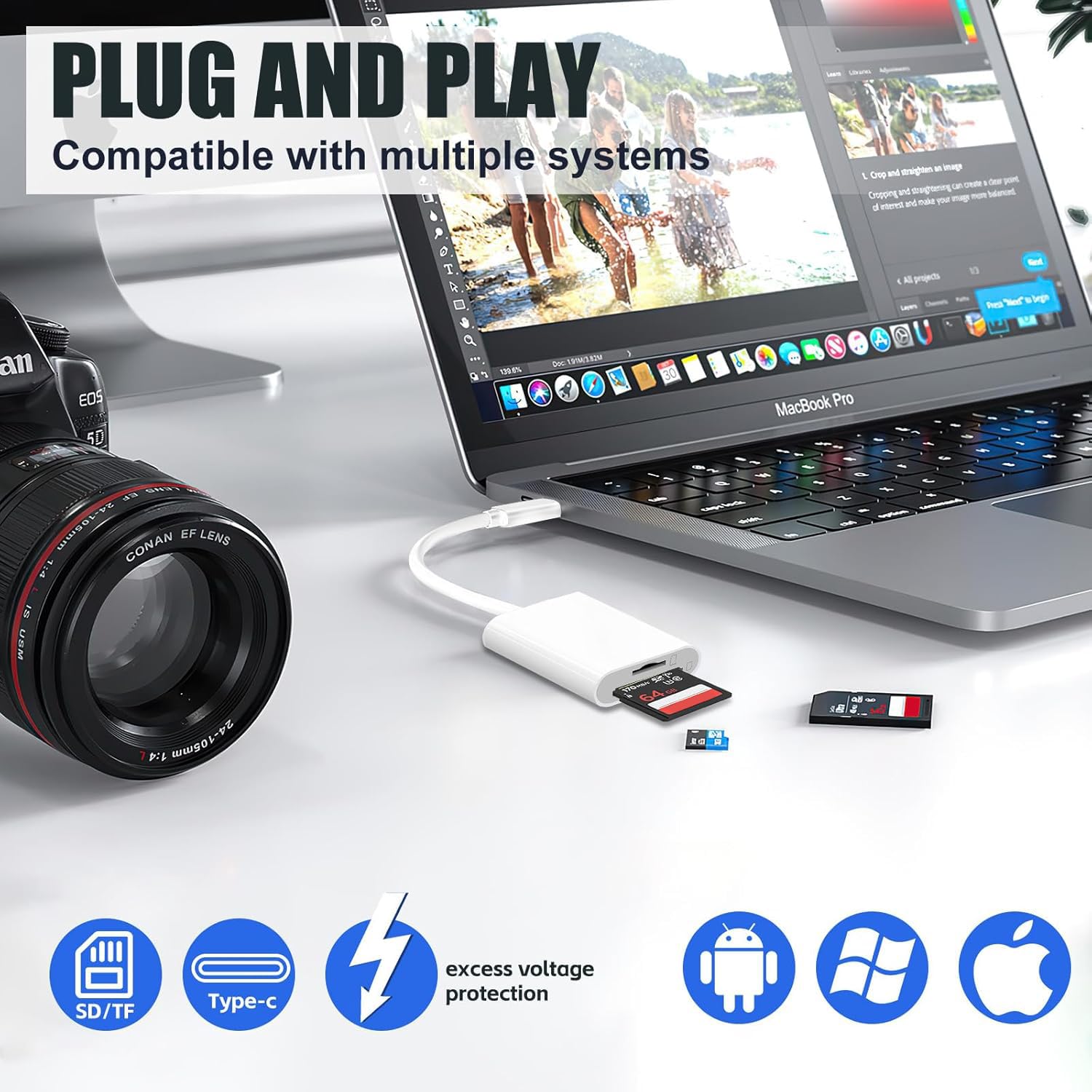 USB C SD Card Reader, Type C Card Reader with Dual Slot Memory Card Reader Trail Camera Viewer USB C to SD Card OTG Adapter for iPhone 15 16/iPad/MacBook/Mac, and More Type-C Devices, Plug and Play — view 3
