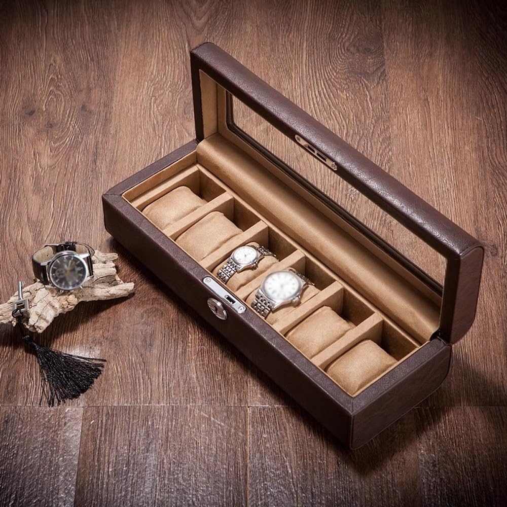 Caja de reloj para hombre, caja de reloj de 6 ranuras, organizador de relojes para hombre, caja de exhibición de relojes con tapa de cristal, 6 ranuras
