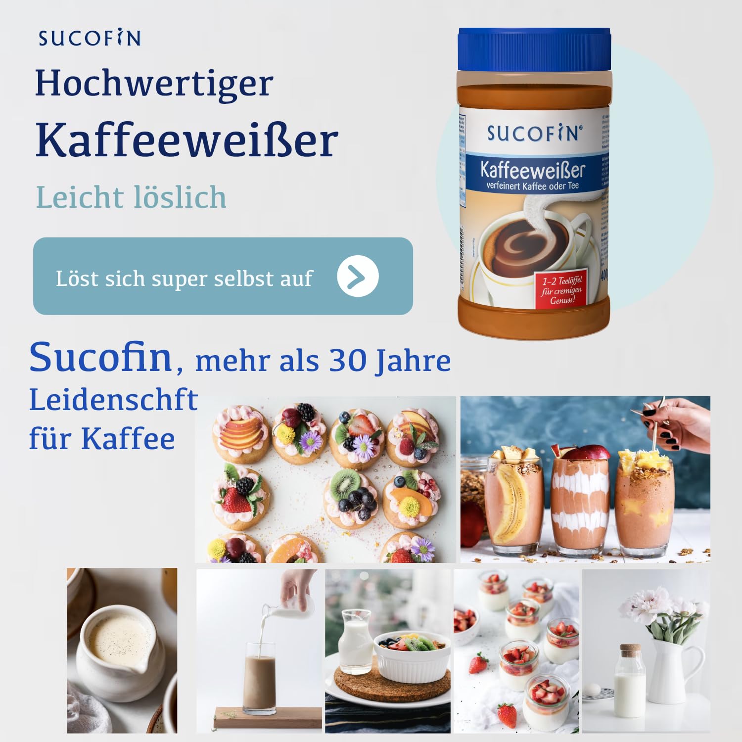 SUCOFIN Juego de 6 botes de 400 g para café y té, fácilmente soluble, larga duración, reemplazo perfecto para leche en polvo, pack de 6 para un disfrute cremoso