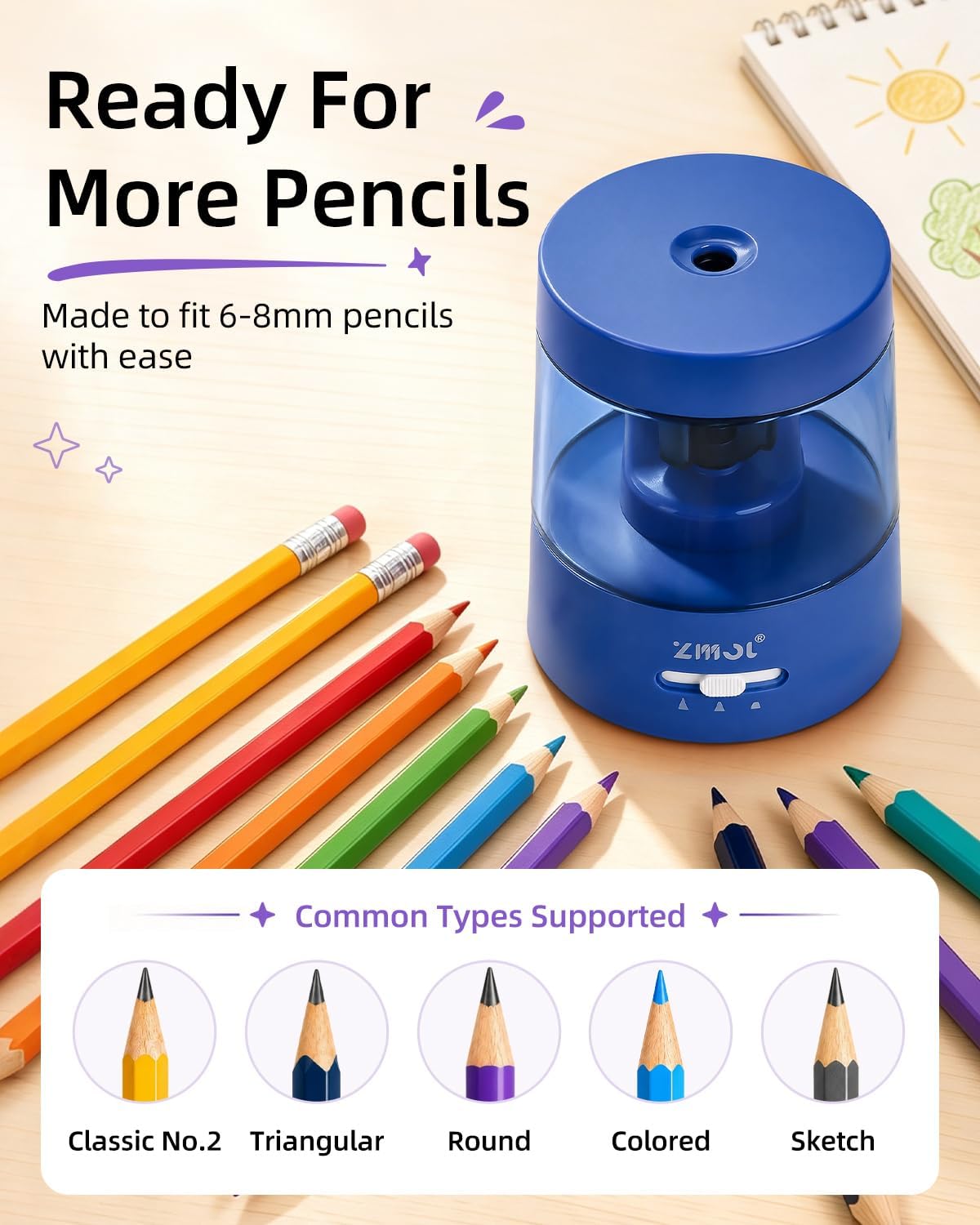 ZMOL Electric Pencil Sharpener, USB or 2 AA Powered, 6-8mm, Dark Blue image 2