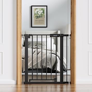 Babelio Baby Gate for Doorways and Stairs, 26-31" Pet Gate with Wide Door | Pressure/Wall Mount; Triple-lock System; Auto-close; 200N Impact Tested; Easy Install for Doorways, Kitchen, Hallway, Black