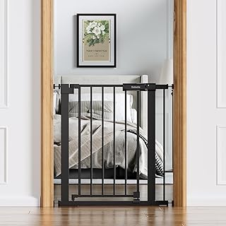 BABELIO Baby Gate for Doorways and Stairs, 26-31" Pet Gate with Wide Walk Thru Door and Lock Indicator, No Drill Pressure Mounted Safety Gate with Double Lock and Self-Closing, Black