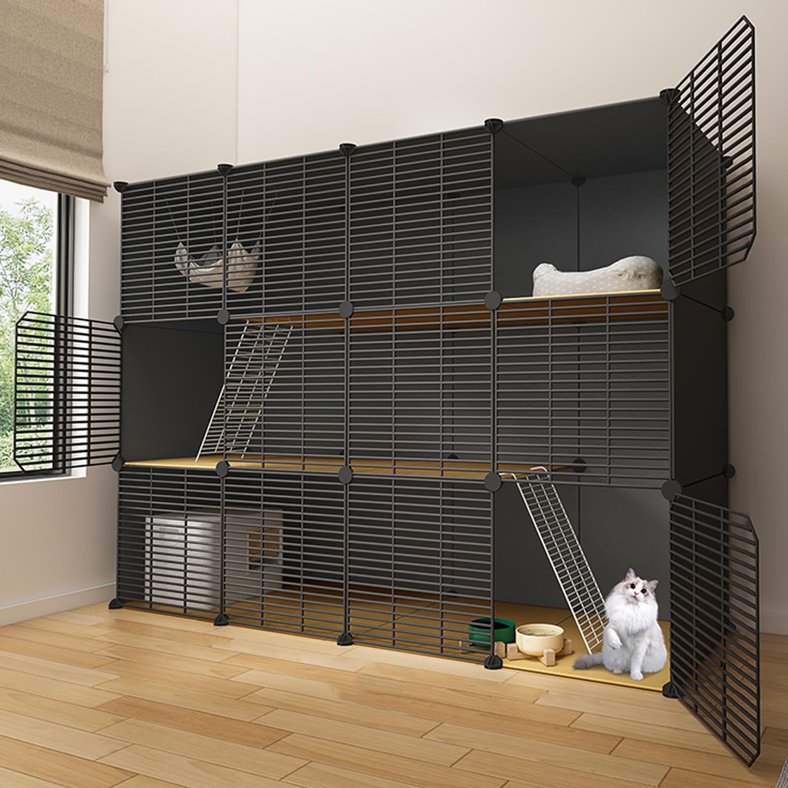 Cage d'intérieur pour chats et parc modulable de 147x49x111 cm