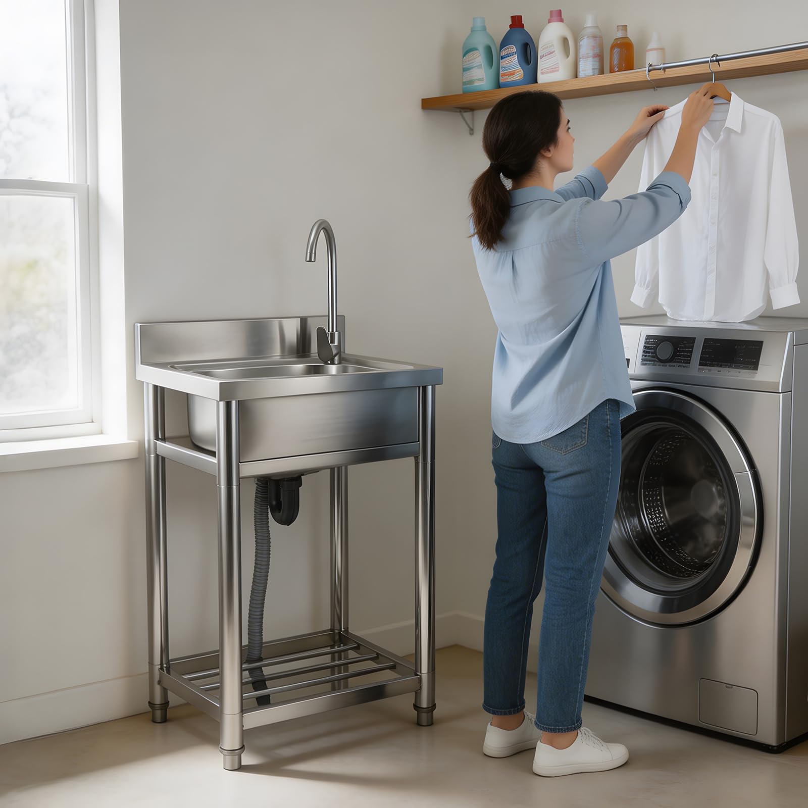 Stainless Steel Utility Sink, 22" Freestanding Single Bowl Laundry Sink with Drain Basket, Commercial Sink with Adjustable Leveling Legs, for Garage, Restaurant and Kitchen Use - 3