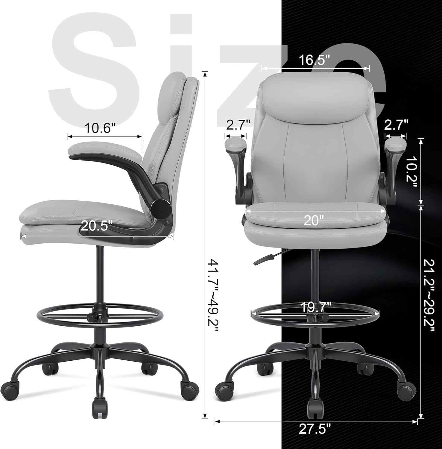 Misolant Leather Drafting Chair, Tall Office Chair for Standing Desk, High Executive Office Chair with Adjustable Height and Flip-up Armrest for Counter Height Desk