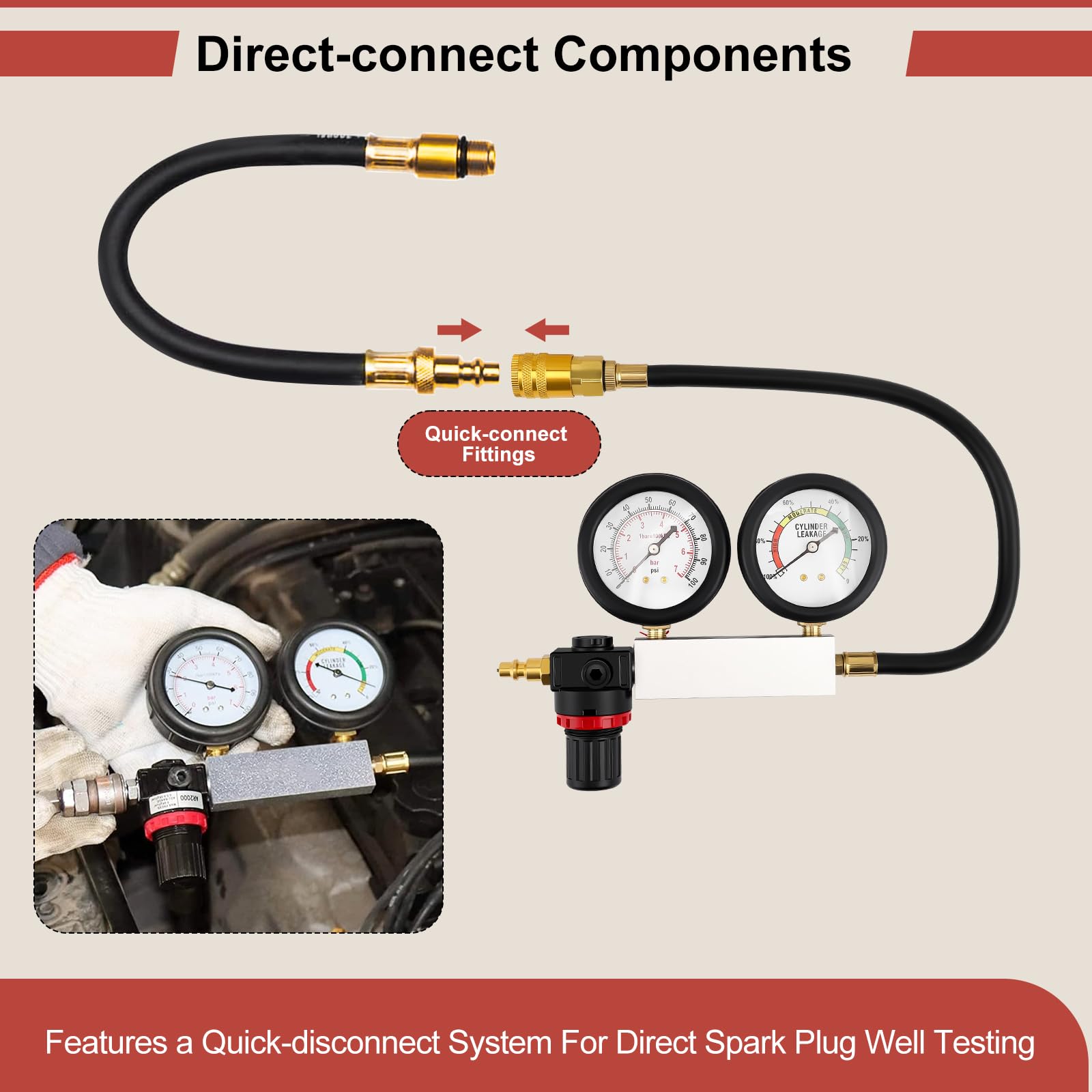 TU-21 Kit de Prueba de Fugas en Cilindros para Motor de Gasolina Probador de Compresión Automotriz con Dos Manómetros Juego de Detector de Fugas para Prueba de Presión y Tasa, 0-100PSI | 0-7Bar