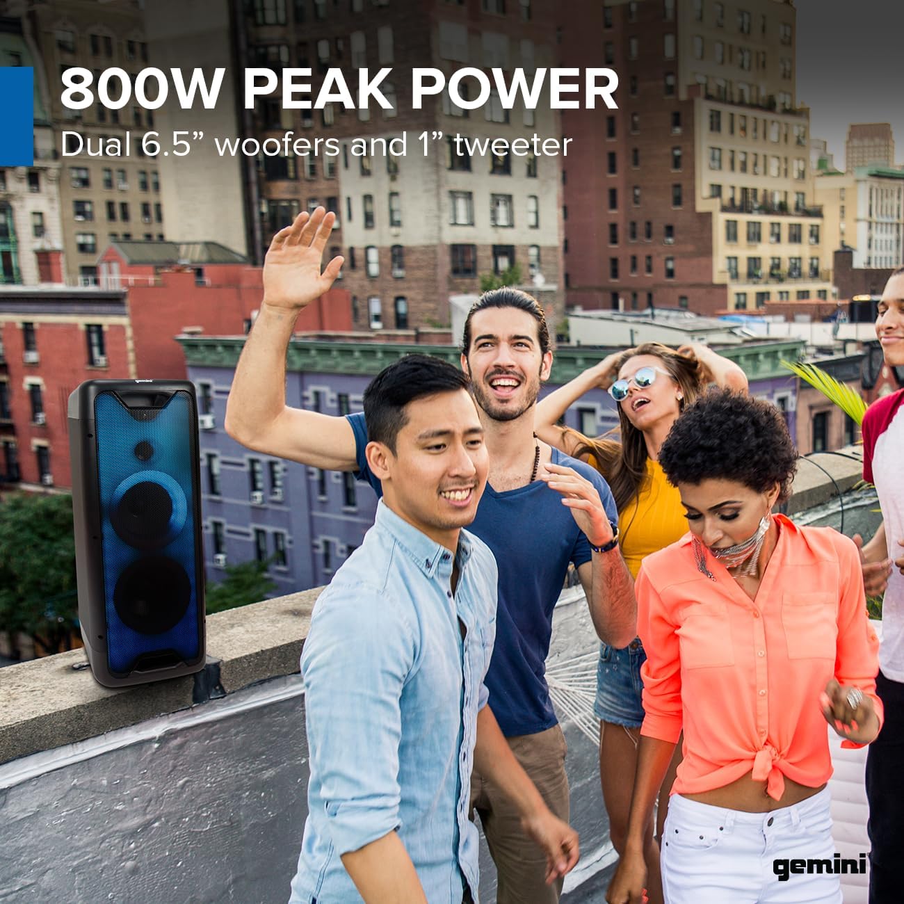 Gemini Bluetooth Party Speaker 800W with LED Lights, Dual 6.5” Woofers, Mic & Guitar Inputs, TWS Pairing, USB/FM/AUX/Bluetooth Playback, 16 Hr Battery – Portable Speaker for Parties (GLS-550) - Image 2