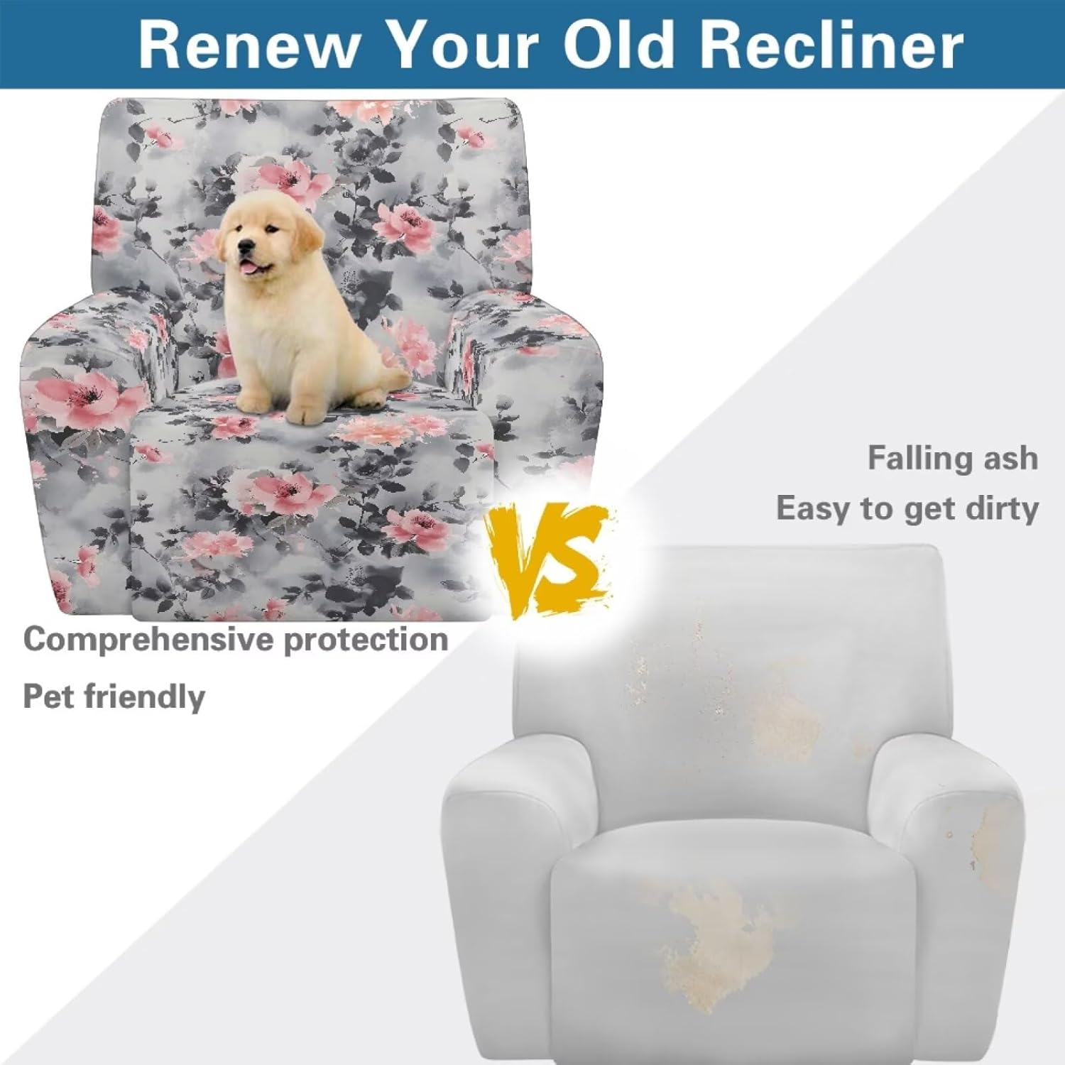 Rose Print Recliner Chair Covers for Living Room Soft Recliner Sofa Slipcovers with Pocket Easy to Install Lazyboy Covers Couch Chair Cover for Pets Gift for Holiday
