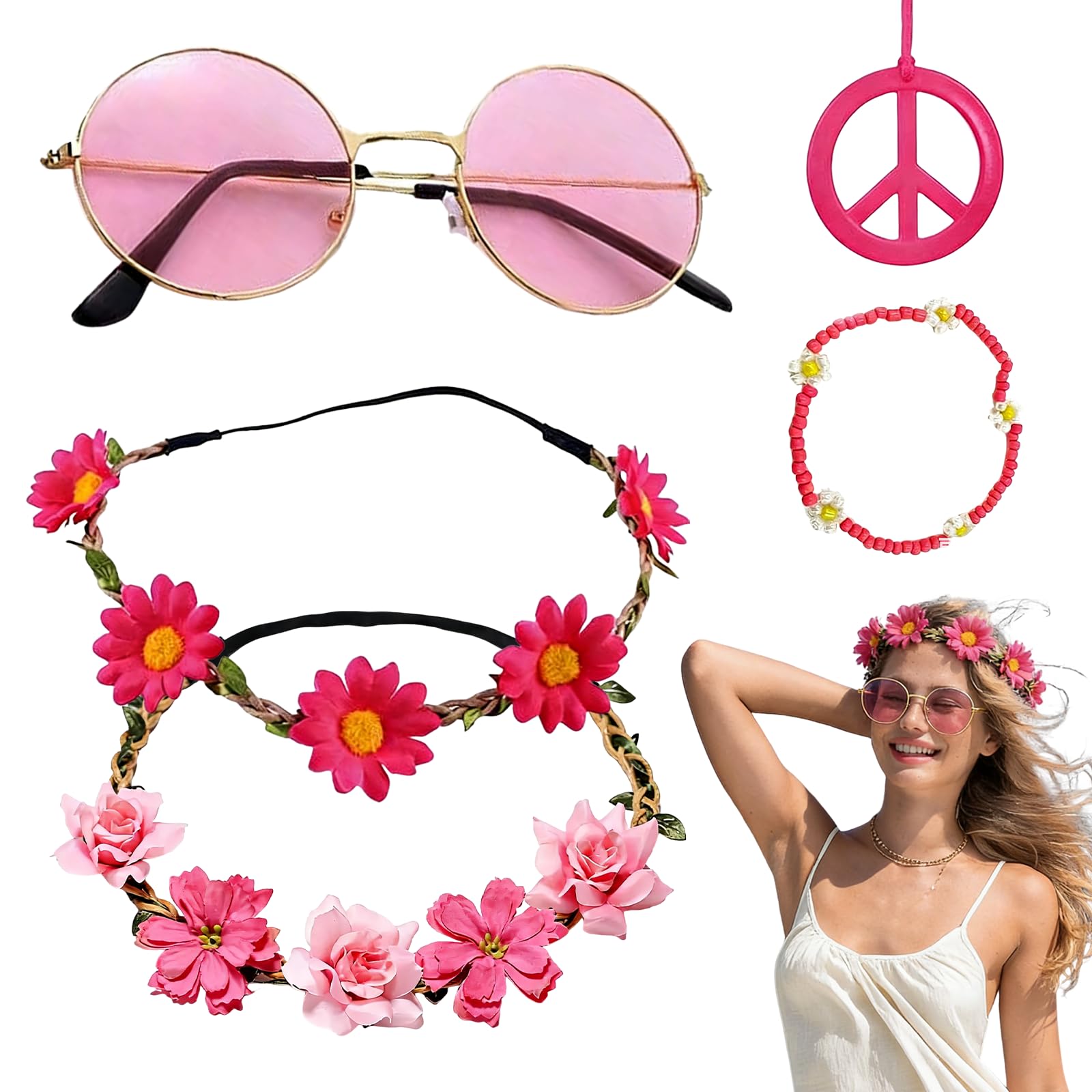 5Pcs Hippie Accessories Set for Women, 60s 70s Retro Fancy Dress Costume with Flower Crown Headband Hair Fork Peace Sign Accessories Round Sunglasses Bohemian Festival Groovy Party Favors (Rose)