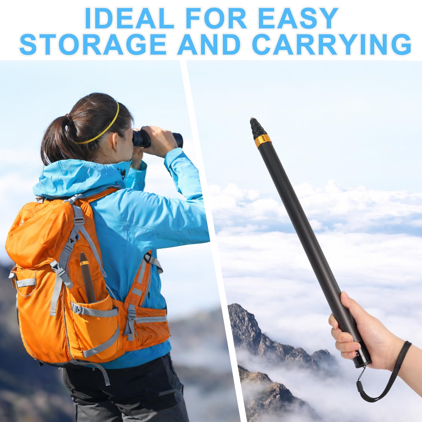 300cm Perche à Selfie Invisible en Fibre de Carbone, Compatible avec Insta-360 One R, One RS, GO 2, One X2, One X, X3, Vis 1/4 Pouce 46cm-300cm Longueur Réglable