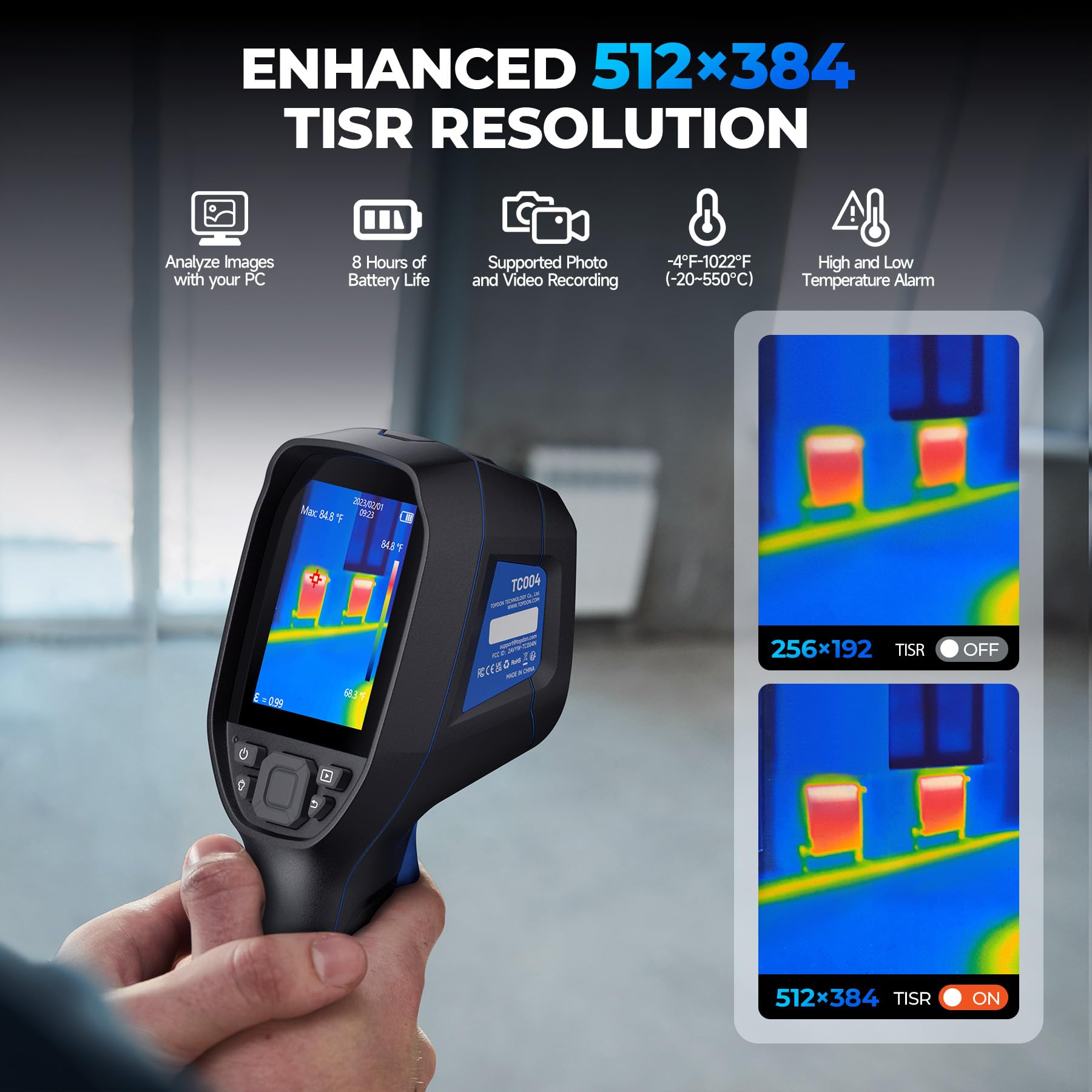 TOPDON Termocamera Professionale TC004, Risoluzione TISR 512x384, 64GB, Telecamera Termica con Registrazione Video, Wi-Fi, Display da 3,5″, -20°C a 550°C, per HVAC, Perdite Acqua, Casa ed Elettriche