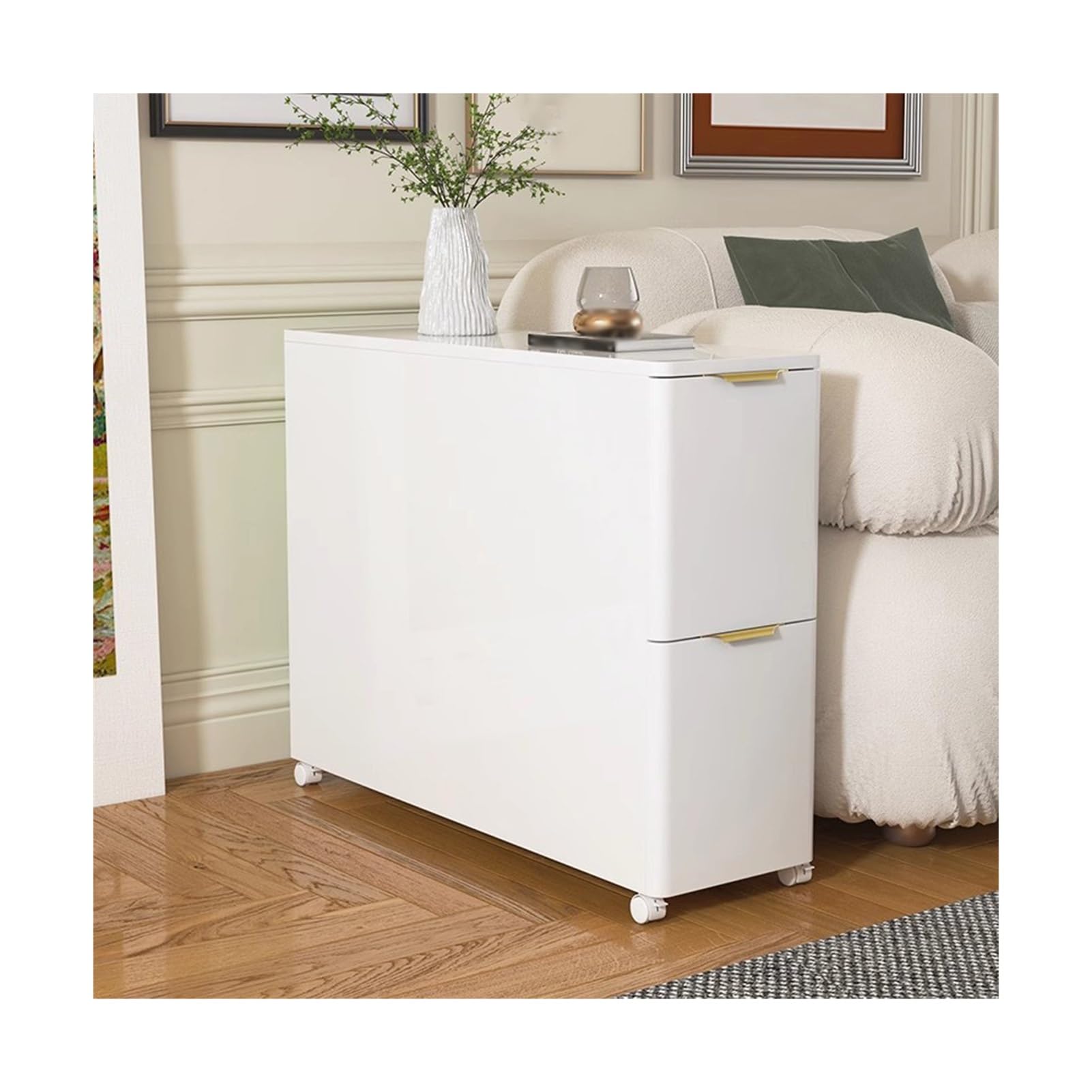 Mesita De Noche Estrecha De Madera Maciza con Ruedas Universales Y Cajones para Dormitorio, Sofá O Espacios Pequeños.(White,11x35x32)