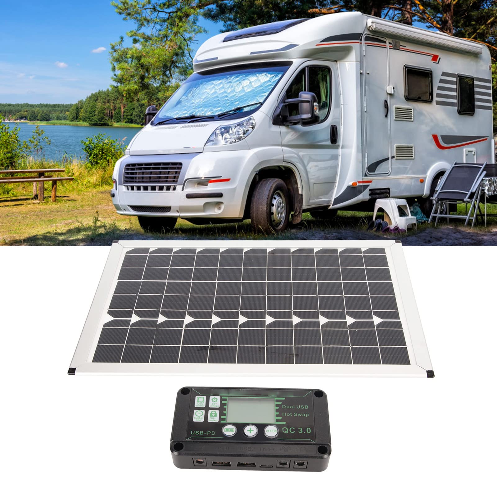 Goshyda Zestaw Paneli Słonecznych 100 W ze Sterownikiem MPPT, Przenośny Panel ładowania Słonecznego Inwerter 220 W Podwójne Wyjście USB, Polikrystaliczna ładowarka Baterii Słonecznych do Samochodu