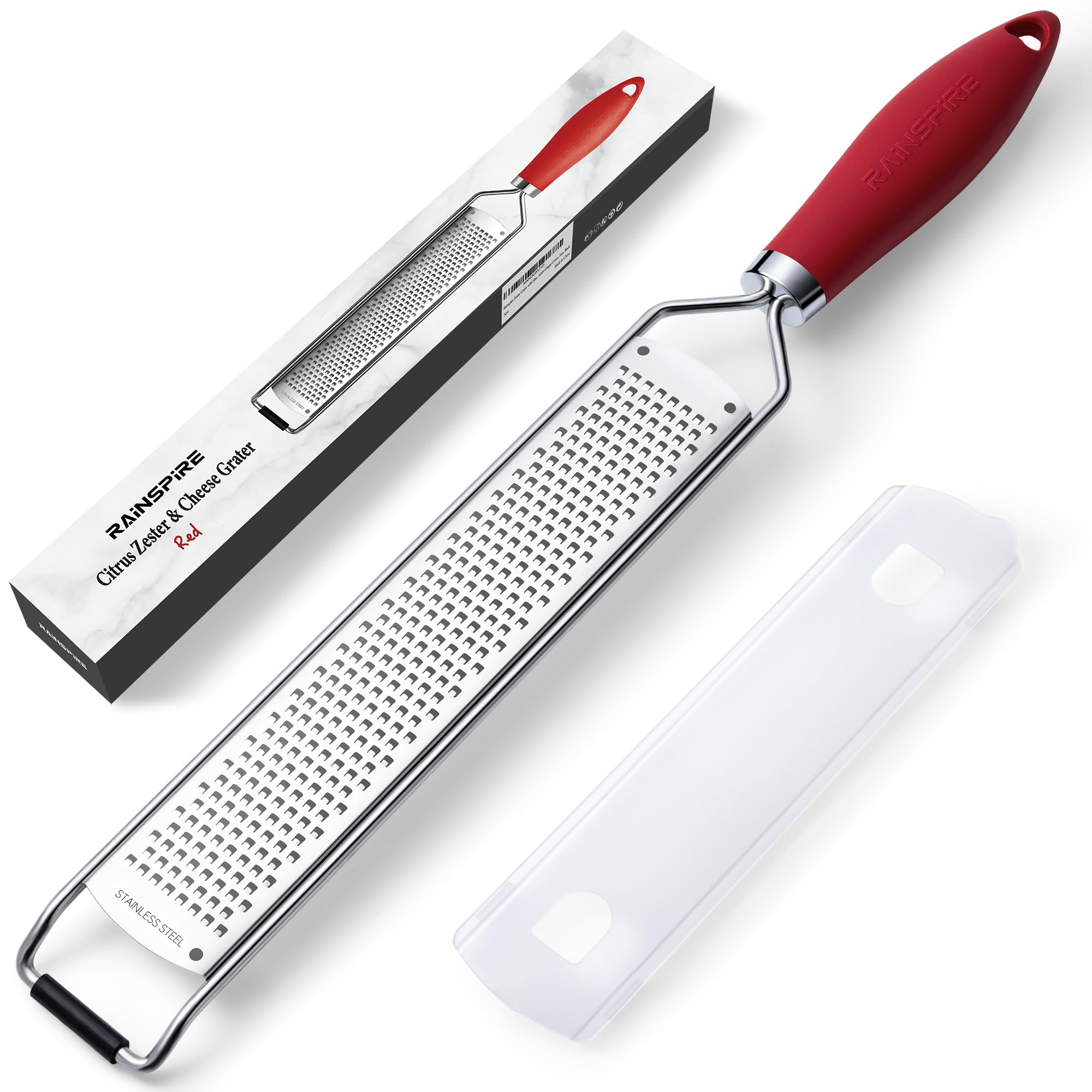 Rainspire Zester Grater with Handle, Lemon Zester Cheese Grater for Kitchen Stainless Steel, Parmesan Cheese Garlic Nutmeg Chocolate Fruits Vegetables Ginger Grater, Fine, Red