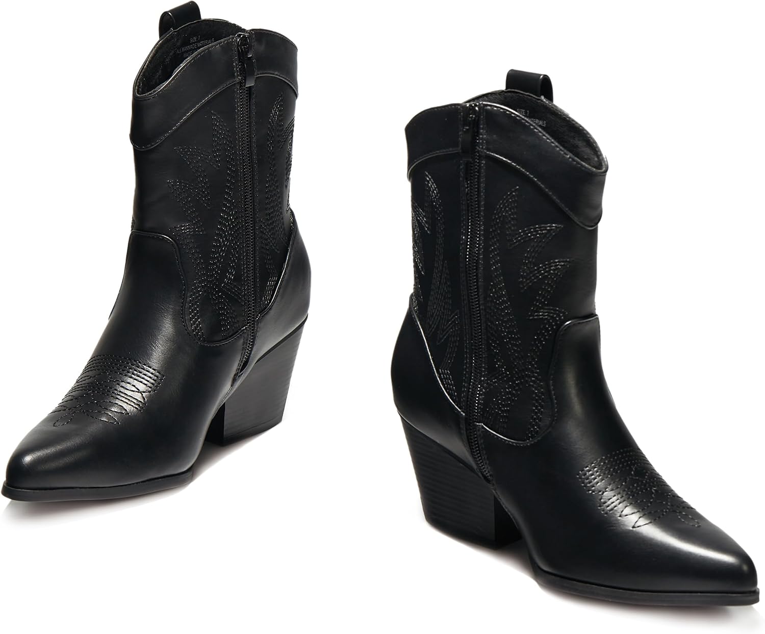 PEPPEP Western Cowgirl Cowboy Ankle Boots for Women or Ladies, Mid Calf, Vegan Leather Embroidered Upper, Low Heel, Fashionable Pointed-toe, Well Made
