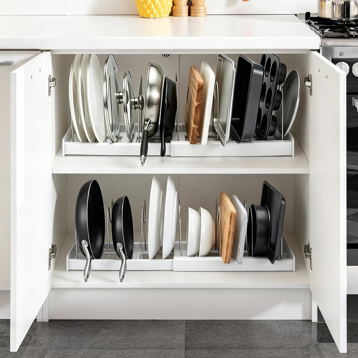 2Pcs Pot and Pan Organizer Under Cabinet,Cutting Board Organizer | Expandable Pot Lid Organizer with 7 Adjustable Dividers Food Storage Container for Cupboard, Countertop Shelf Bakeware-White