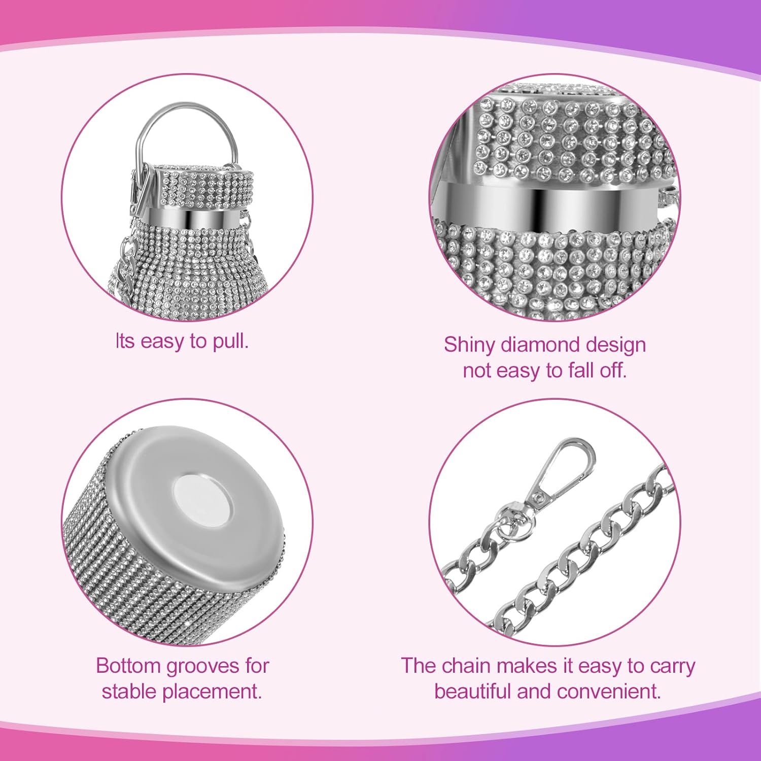 INSTOME Bling Water Bottle Rhinestone,Diamond Water Bottle with Chain,Rhinestone Water Bottles with Lid for Women,Bling Tumblers with 2 Style lids (silver, 17oz) - Image 4
