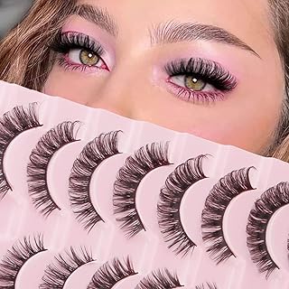 False Eyelashes Natural Look Russian Strip Lashes Faux Mink D Curl Fake Eyelashes Wispy Fluffy Volume 3D Effect Cat Eye Lashes Reusable Handmade Soft Lightweight 10 Pairs Kit