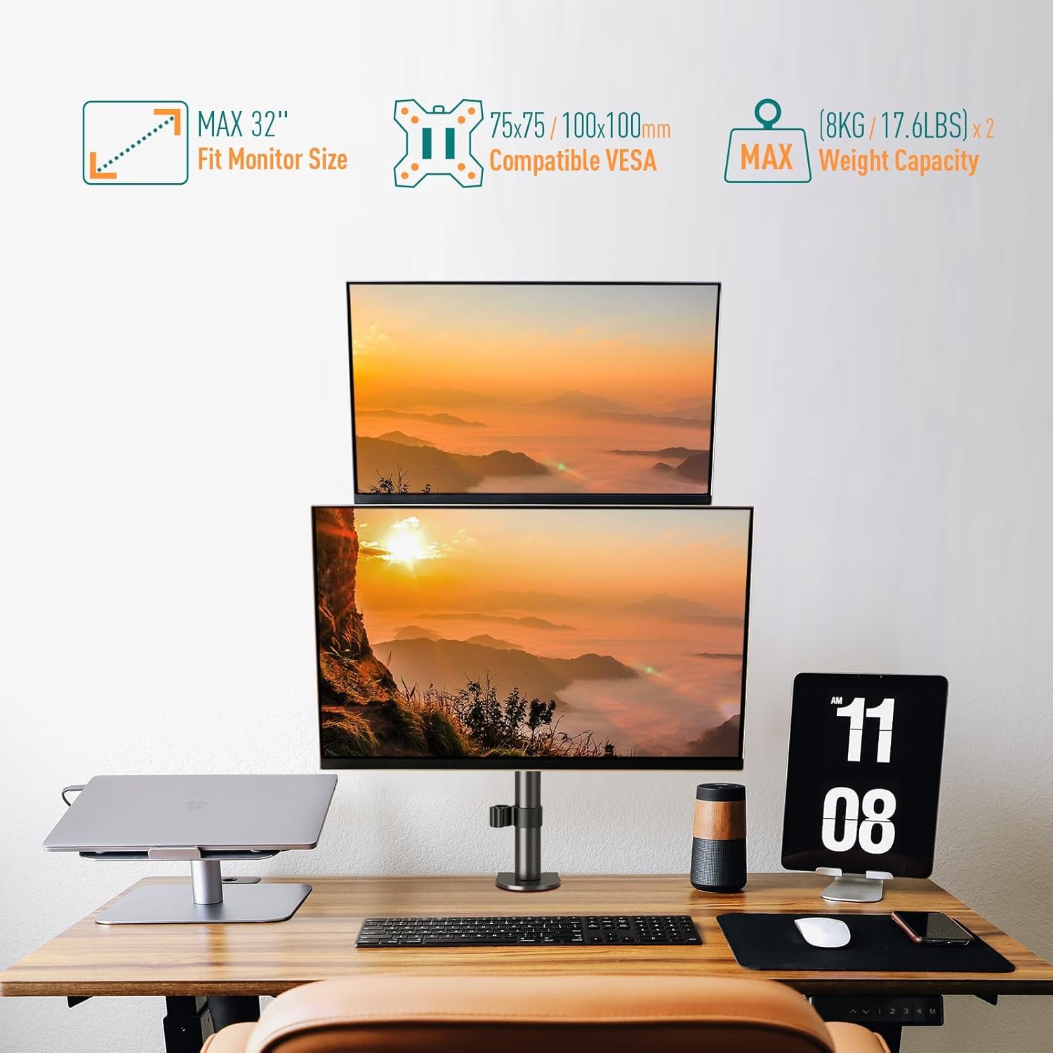 ELIVED Supporto verticale per 2 monitor, asta da 80 cm per monitor da 13-32 pollici fino a 8 kg Supporto doppio per monitor EV4012