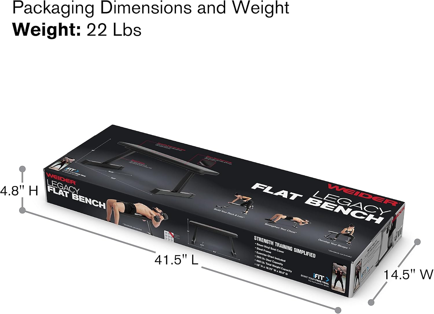 Packaging dimensions for the Weider Legacy Flat Bench, showing a weight of 22 lbs and box dimensions of 41.5 inches L, 14.5 inches W, and 4.8 inches H.