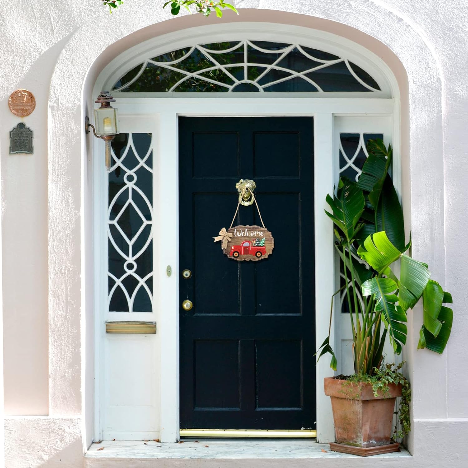 Sinor Interchangeable Red Truck Welcome Sign, 12 Changeable Seasons & Holidays Icons, Rustic Wood Hanging Decorations Gift for House New Home Wall Front Door Porch, Christmas Halloween Easter Winter Decor : Home & Kitchen