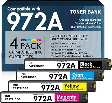 972A 972X Ink Cartridges Replacement for HP 972 A for HP Pagewide Pro MFP 477dw 577dw 477dn 452dn 552dn 552dw P55250dw 477 452 552 577 Printer High Yield 4 Pack, Black Cyan Yellow Magenta
