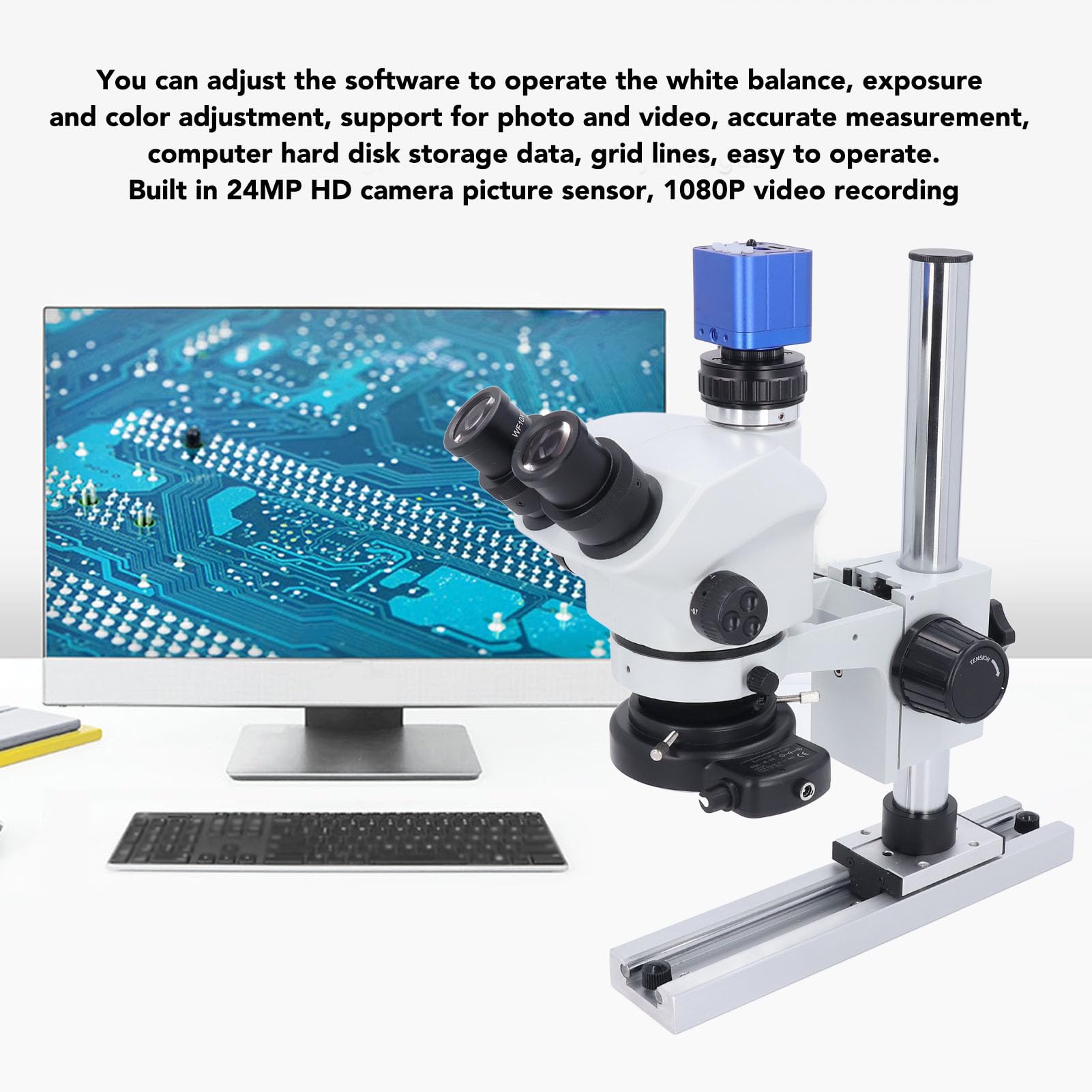 Trinokulares Stereomikroskop, Trinokulares Zoommikroskop mit 24-Megapixel-Kamera, 1080P-Video, 7- Bis 50-fache Vergrößerung, für die Elektronikreparatur, Schmuckuhrmacherei (EU-Stecker)
