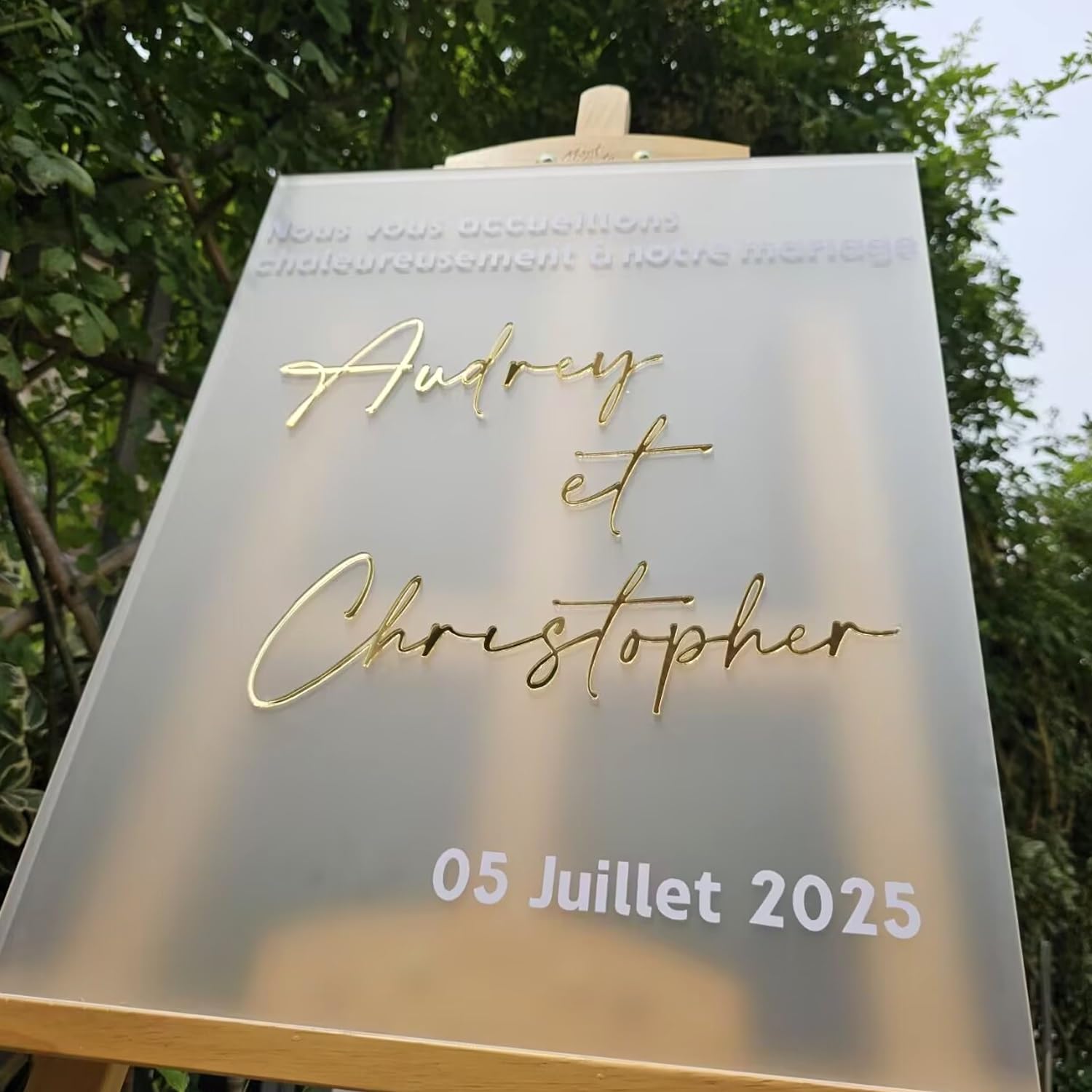Panneau De Bienvenue De Mariage Personnalisé en Acrylique Givré, Noms en Miroir Doré 3D, Décoration De Signalisation De Mariage Moderne De Fiançailles, Décoration De Réception(White,40X55CM)