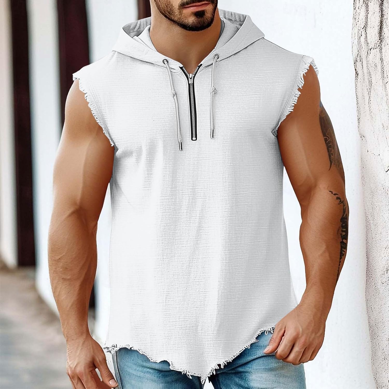 Cotton Linen Shirts for Men, Quarter Zip Sleeveless Hooded Blouse | Relaxed Fit, Sleeveless Hooded, Modern Quarter Zip Tank, Textured Woven Pattern, Outdoor Leisure Outing