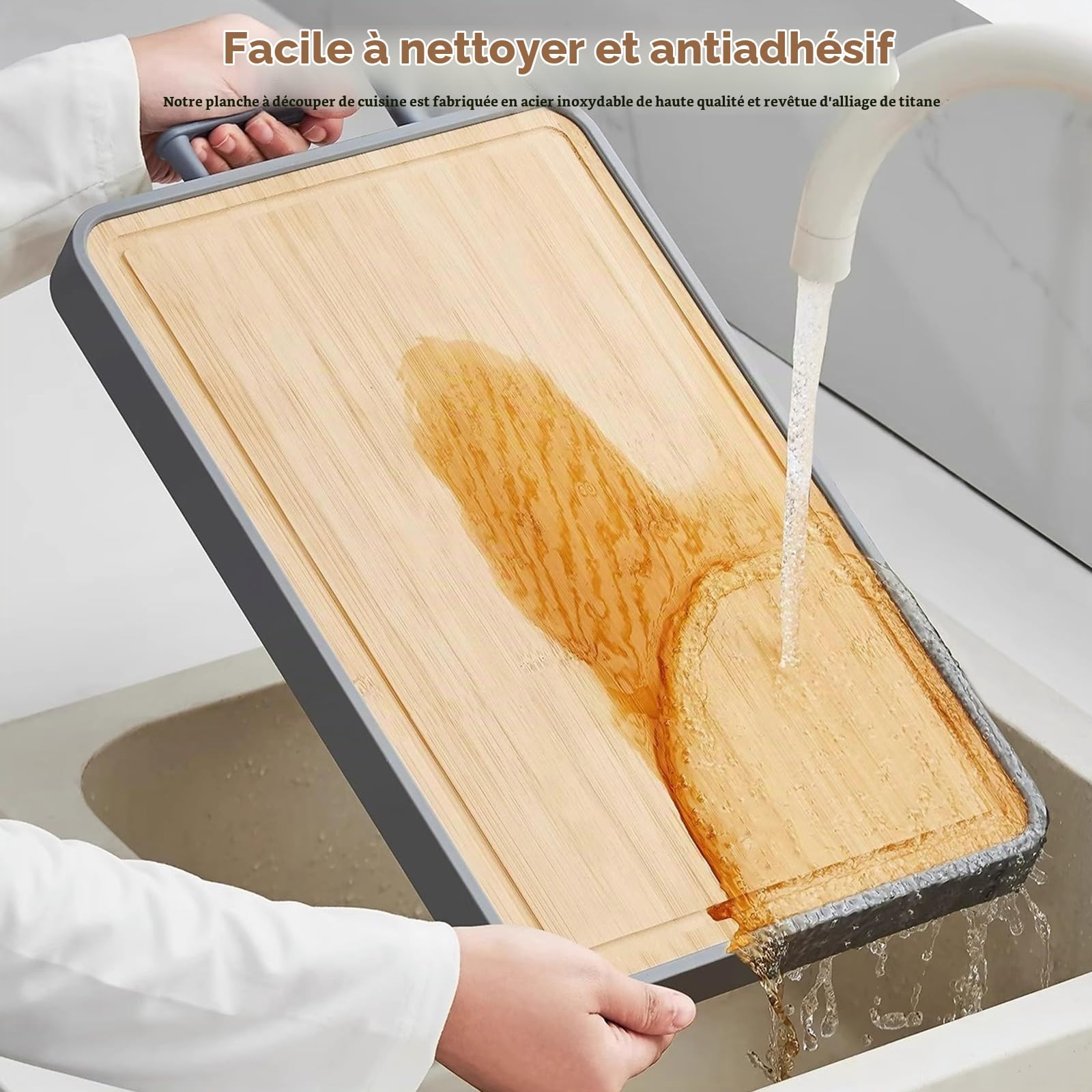 Planches à découper pour la cuisine - Planche à découper en titane - Planche à découper en acier inoxydable - Planche à découper double face - Avec rainure à jus - Antidérapantes - Antiadhésives et