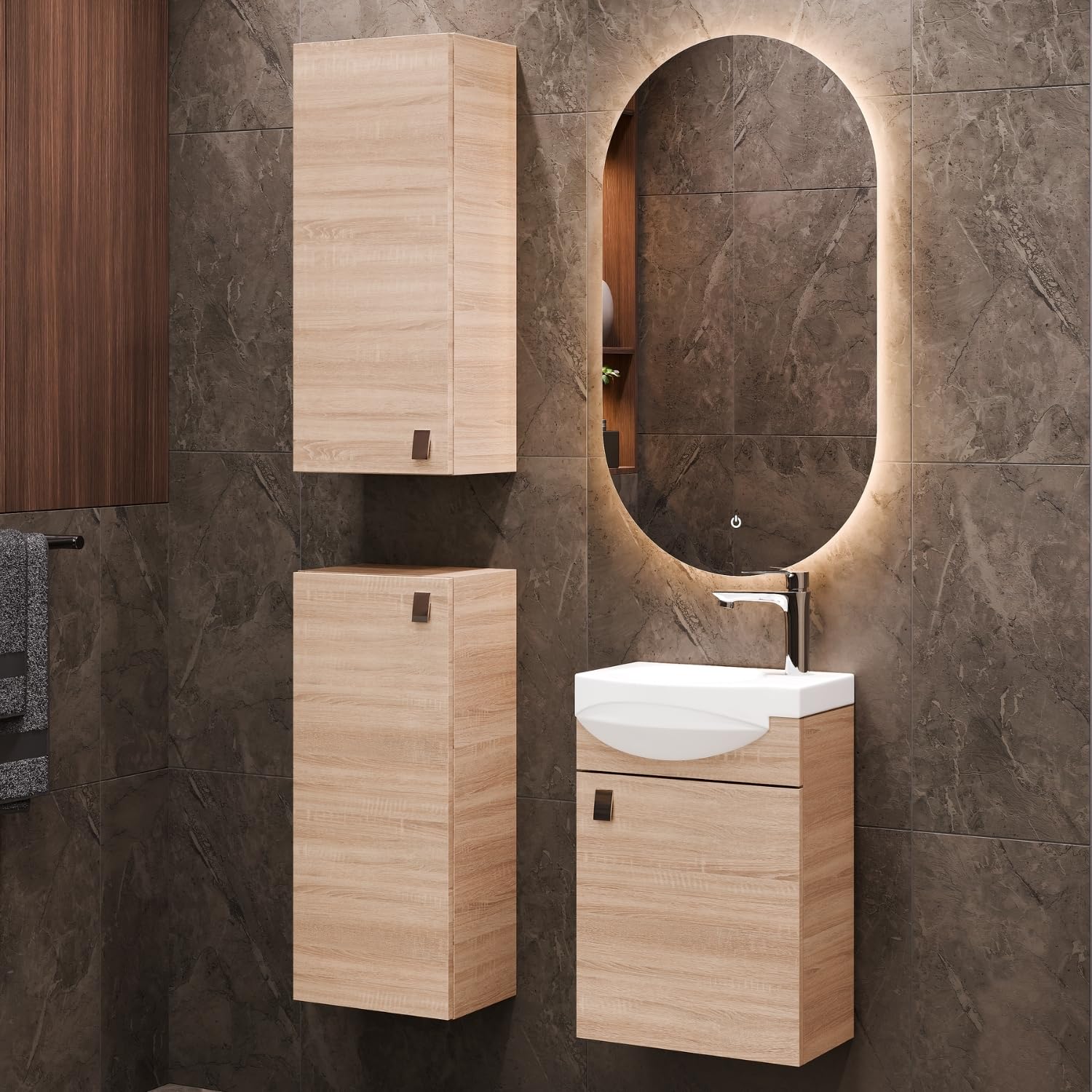 Planetmöbel Zestaw mebli łazienkowych umywalka z szafką podumywalkową 40 x 60 x 29 cm, lustro z oświetleniem 50 x 90 cm, 2X szafki midi do łazienki i WC dla gości, dąb sonoma