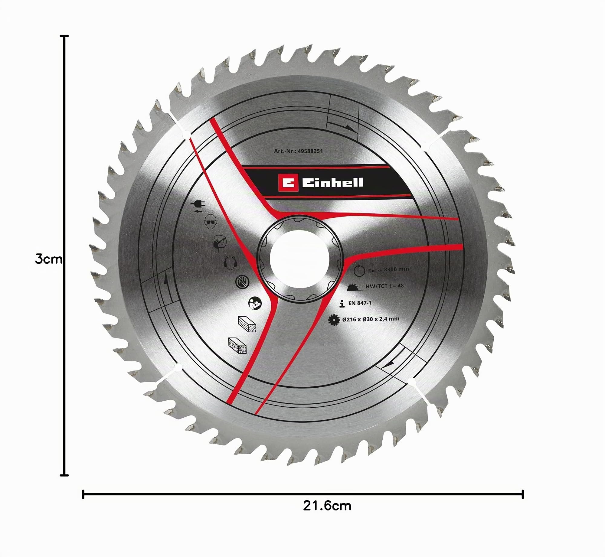 Einhell - Lama per sega circolare originale, 216 x 30 mm (diametro 216 mm, attacco 30 mm, 48 denti piegati, larghezza di taglio 2,4 mm, per troncatrici e seghe da troncare con tavolo superiore)