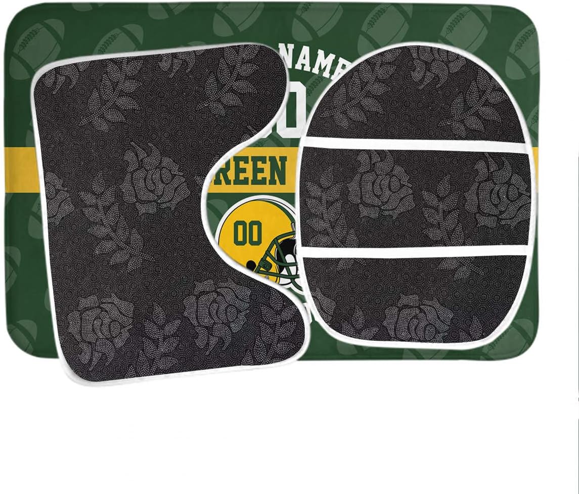 Custom Green Bay Style Football Shower Curtain 4-Set, Personalized Name and Number, Includes Floor Mat, Toilet Cover Mat, U Mat and Shower Curtain Football Fan Bathroom Decorative