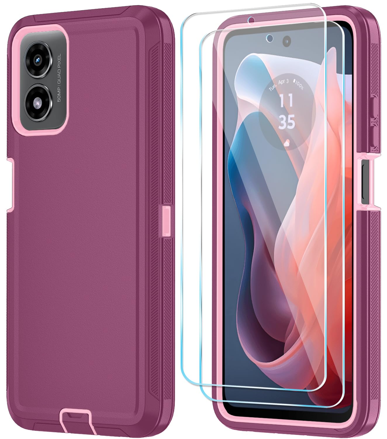 Photo 1 of Qinmay Phone Case for Motorola Moto G Play 2024 4G Case with HD Screen Protector, Heavy Duty Shockproof & Dropproof 3-Layer Cover Phone Case for Moto G Play 2024 (WineRed Pink)