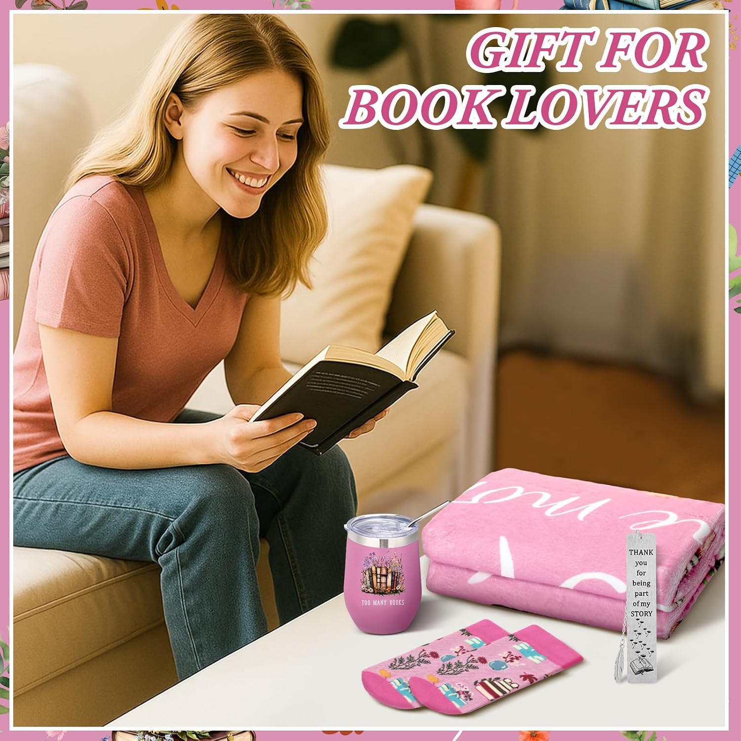 Sieral 4 Pcs Book Lovers Gifts for Women Teacher Appreciation Week Book Gift Include 60" x 50'' Reading Blanket 12oz Insulated Tumbler Sock Bookmark for Teacher Mother Bookish Library Club(Pink)