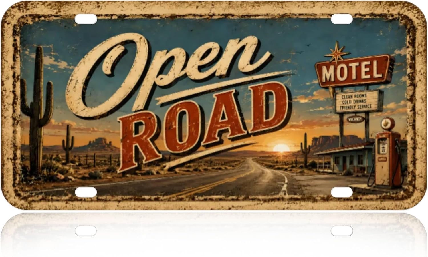 Open Road Vintage Metal Tin Sign 12 x 6 Inch, Desert Highway Road Trip Wall Decor, Retro Motel License Plate Sign for Garage Man Cave Bar