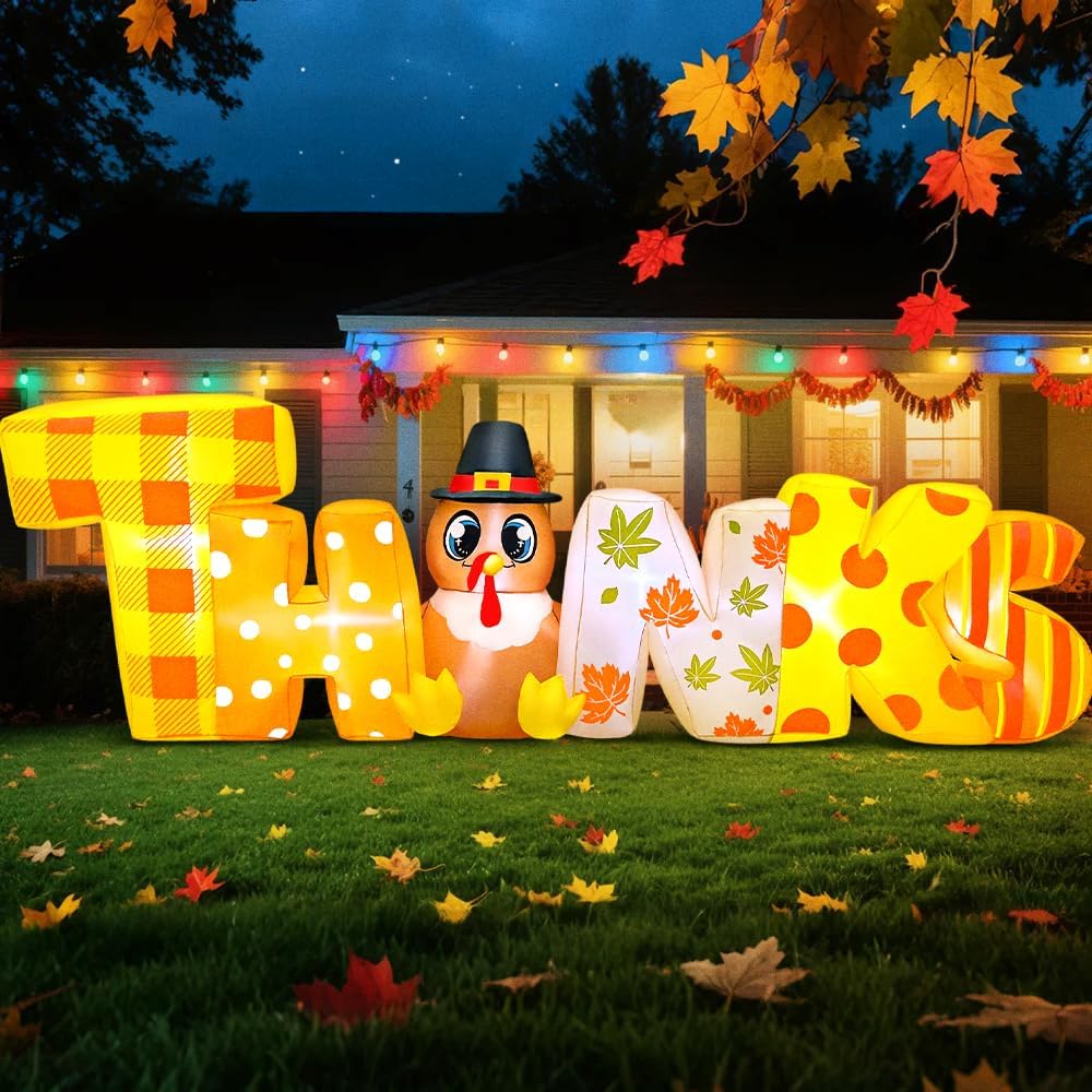 KOOY 8FT Thanksgiving Inflatables Decorations Blow Up Turkey with Thanks Letter Built-in LED Lights for Thanksgiving Festival Autumns Harvest Happy Outdoor Outside Indoor Lawn Holiday Decor