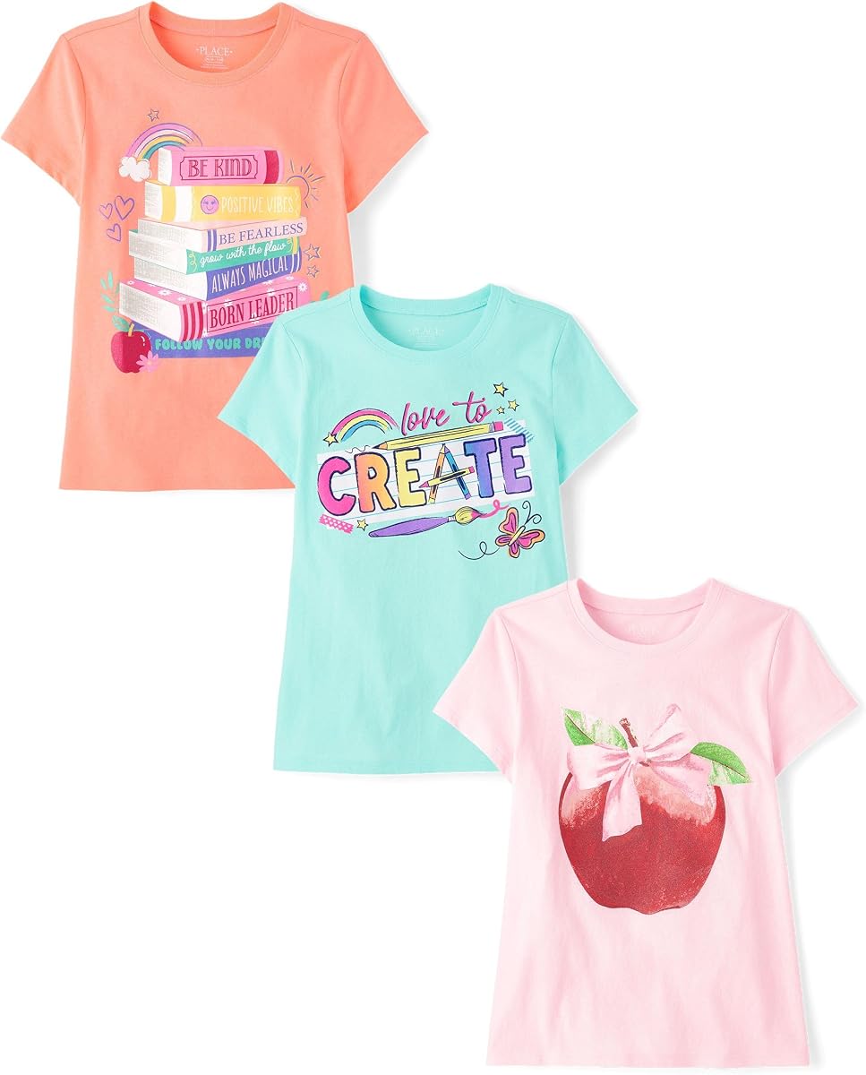 The Children's Place,Niñas,Escuela,Aprendizaje Camisetas gráficas de manga corta,Paquete de 3